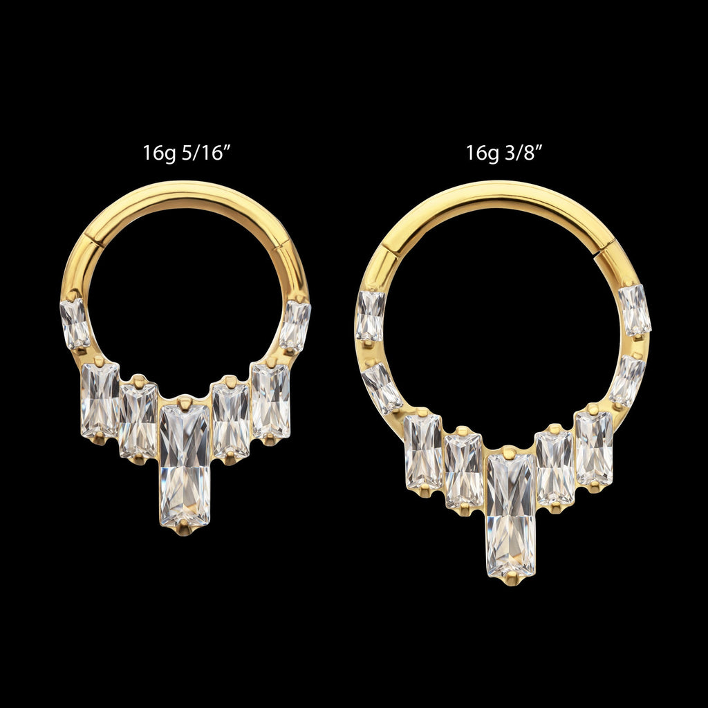7-Baguette Prong-Set Gem Cluster Front-Facing Hinged Segment Clicker Hoop Earring / Nosering – 24Kt Gold PVD Titanium