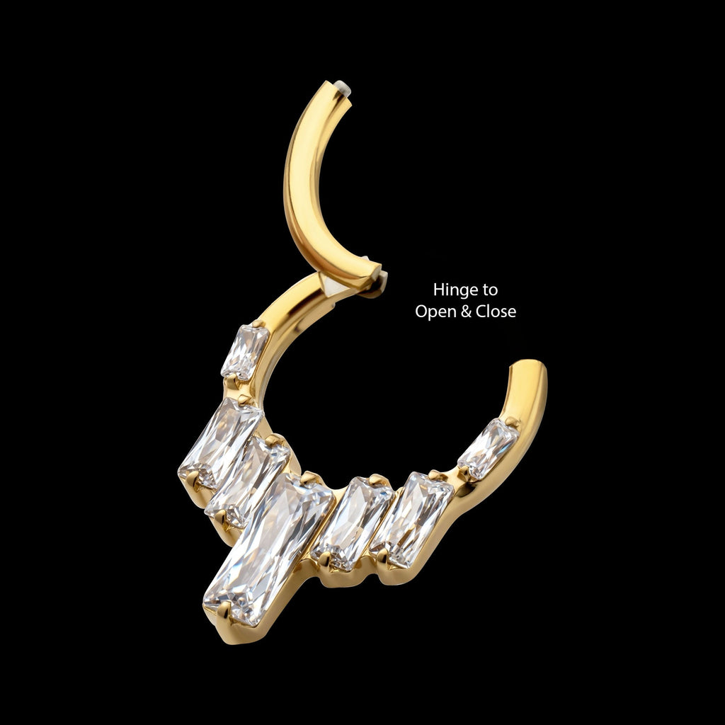 7-Baguette Prong-Set Gem Cluster Front-Facing Hinged Segment Clicker Hoop Earring / Nosering – 24Kt Gold PVD Titanium