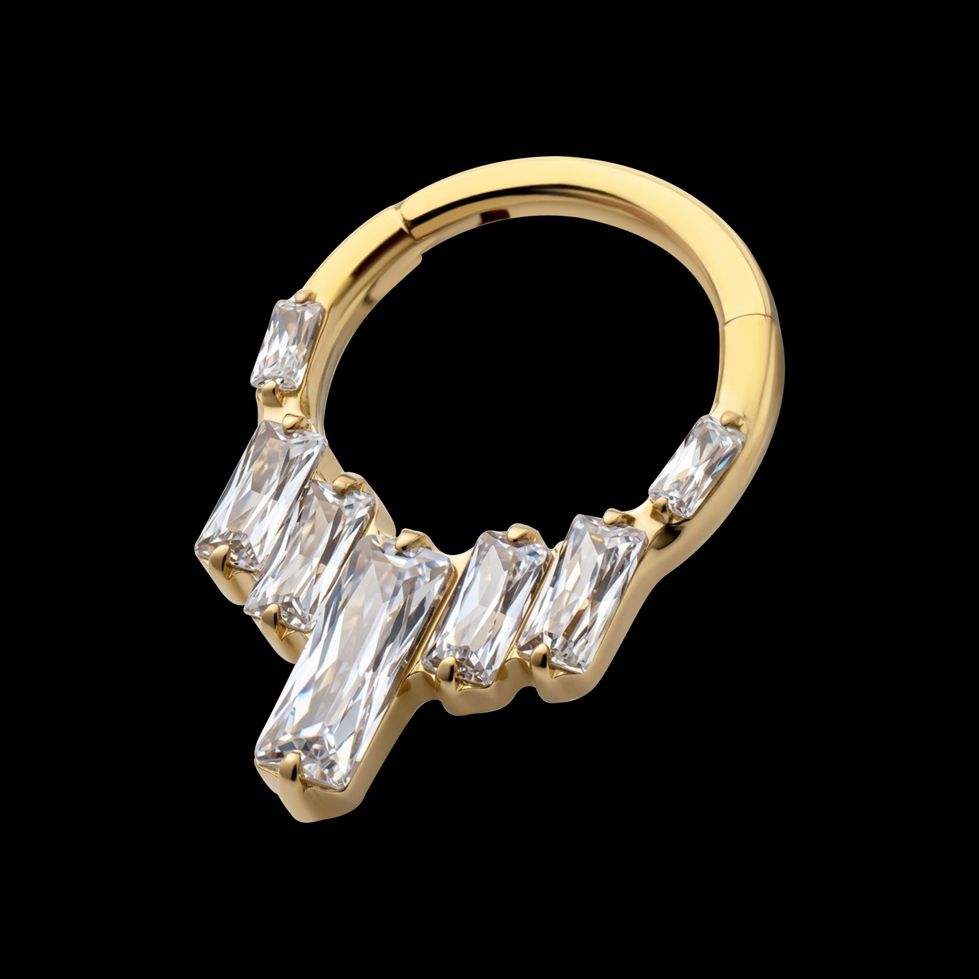 7-Baguette Prong-Set Gem Cluster Front-Facing Hinged Segment Clicker Hoop Earring / Nosering – 24Kt Gold PVD Titanium