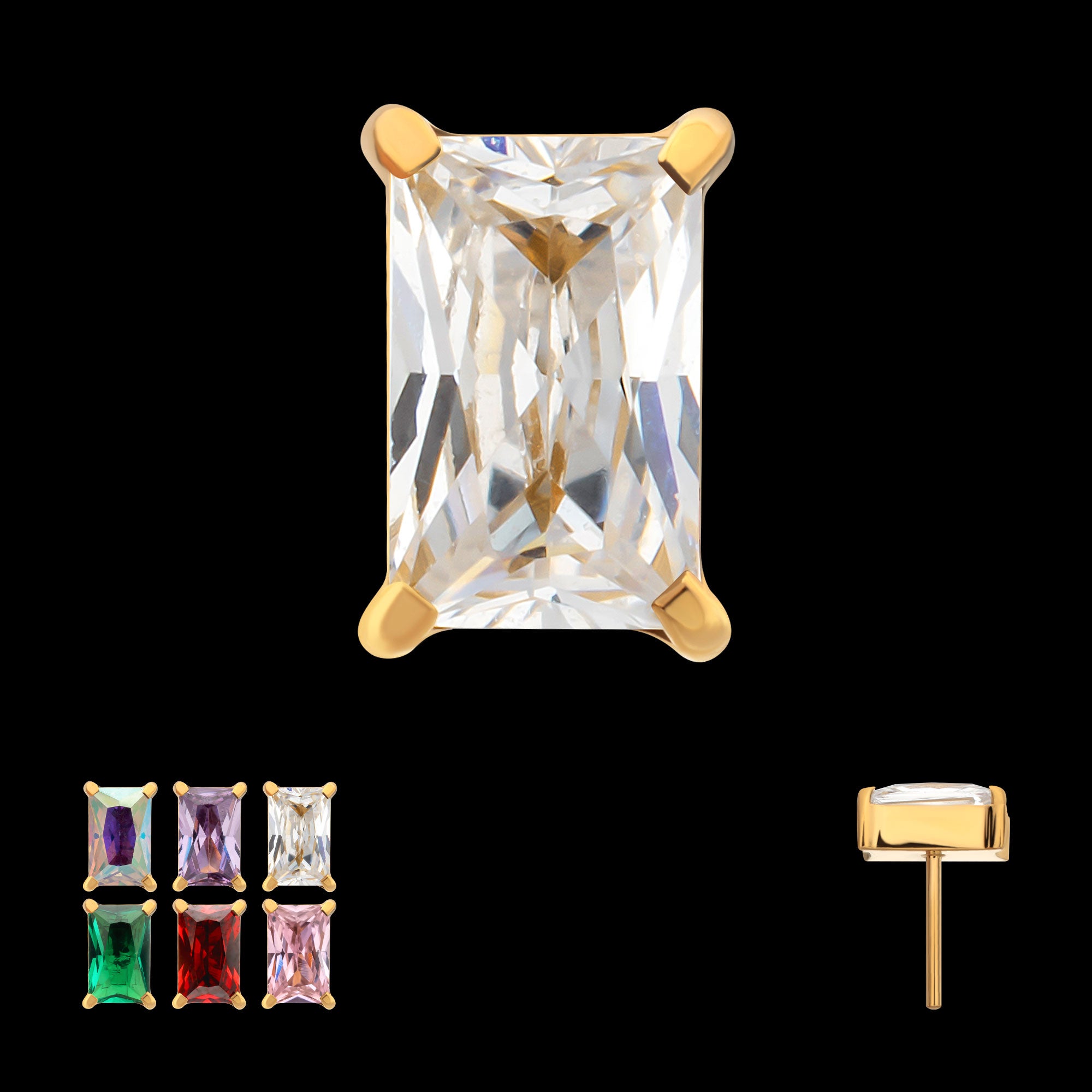 Luxe Baguette Prong Set Gem Flatback Stud Earring / Nosering - Gem in 24Kt Gold PVD Titanium