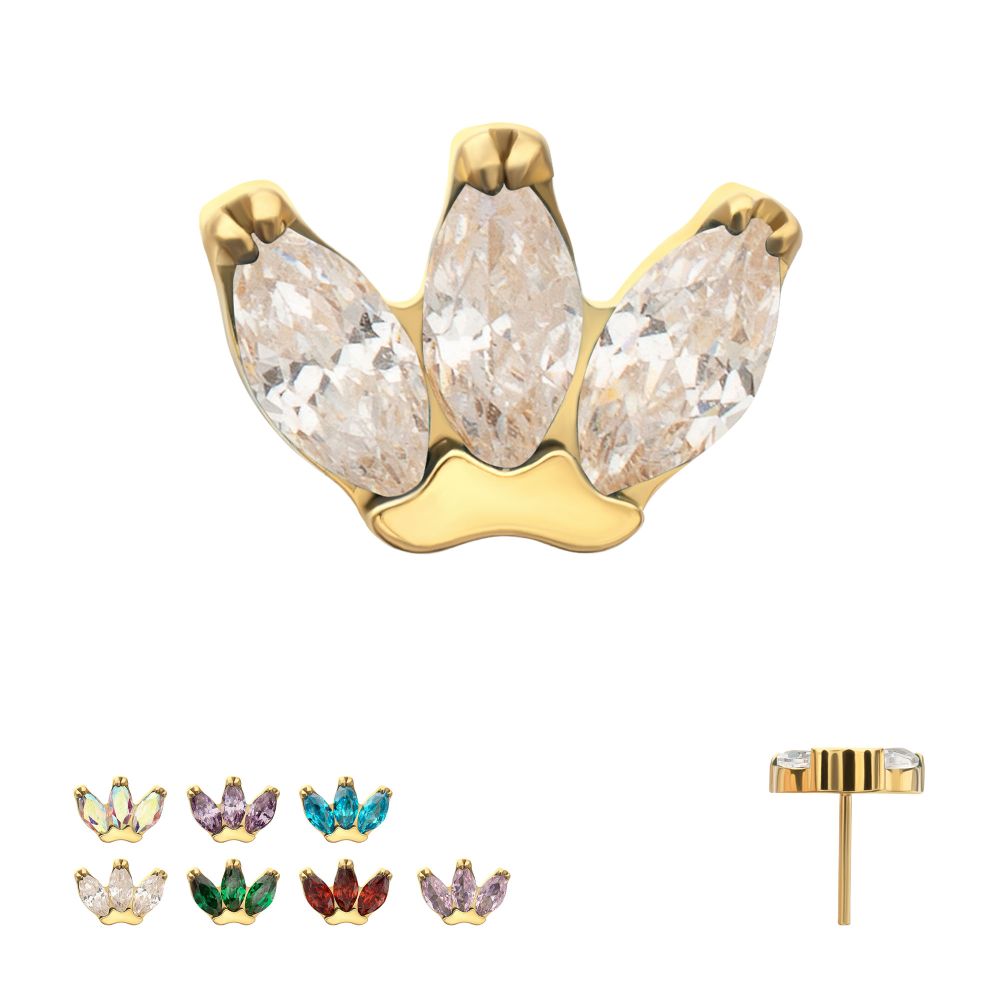 3-Marquise Gem Fan Cluster Threadless Earring / Nosering Top – Gem & 24Kt Gold PVD Titanium