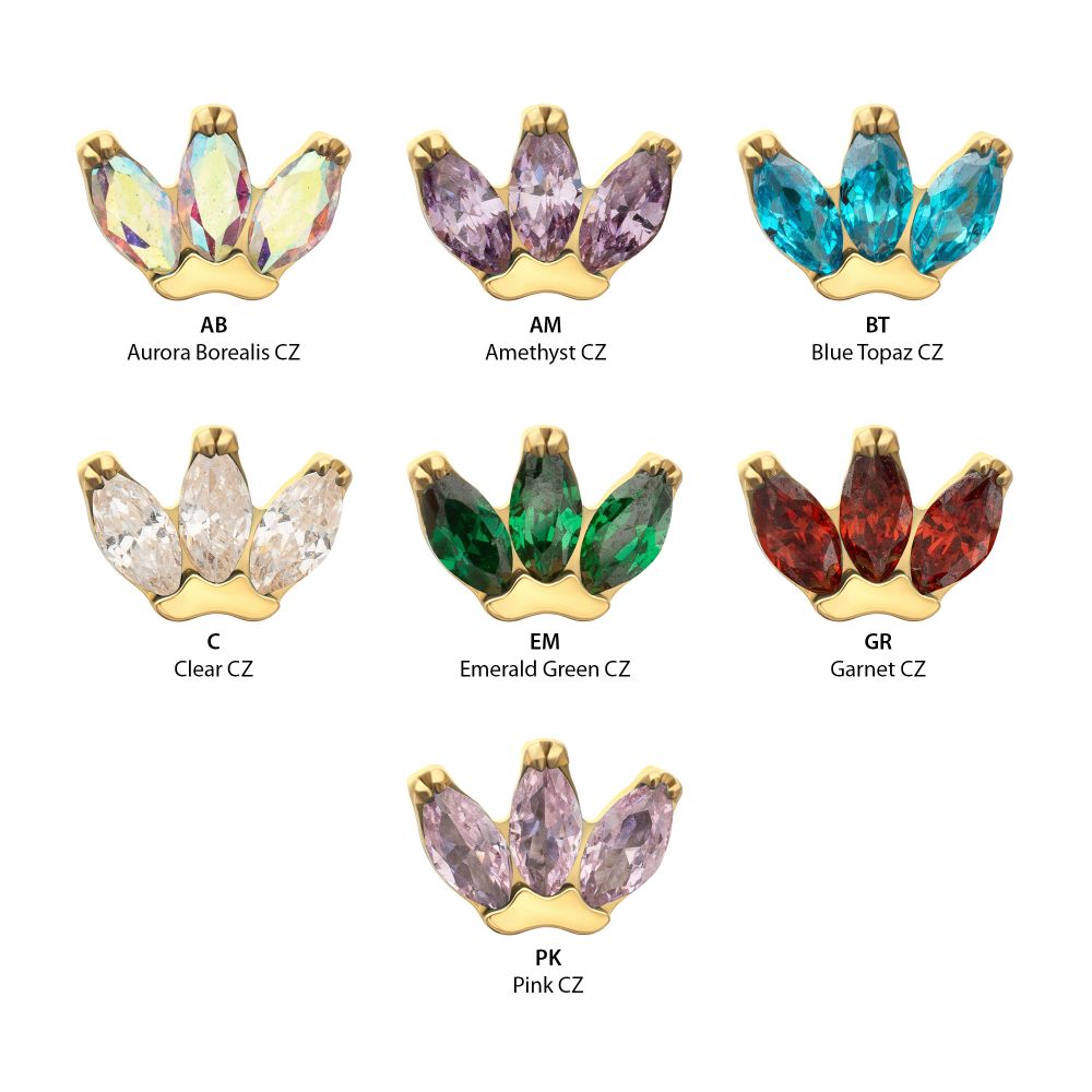 3-Marquise Gem Fan Cluster Threadless Earring / Nosering Top – Gem & 24Kt Gold PVD Titanium