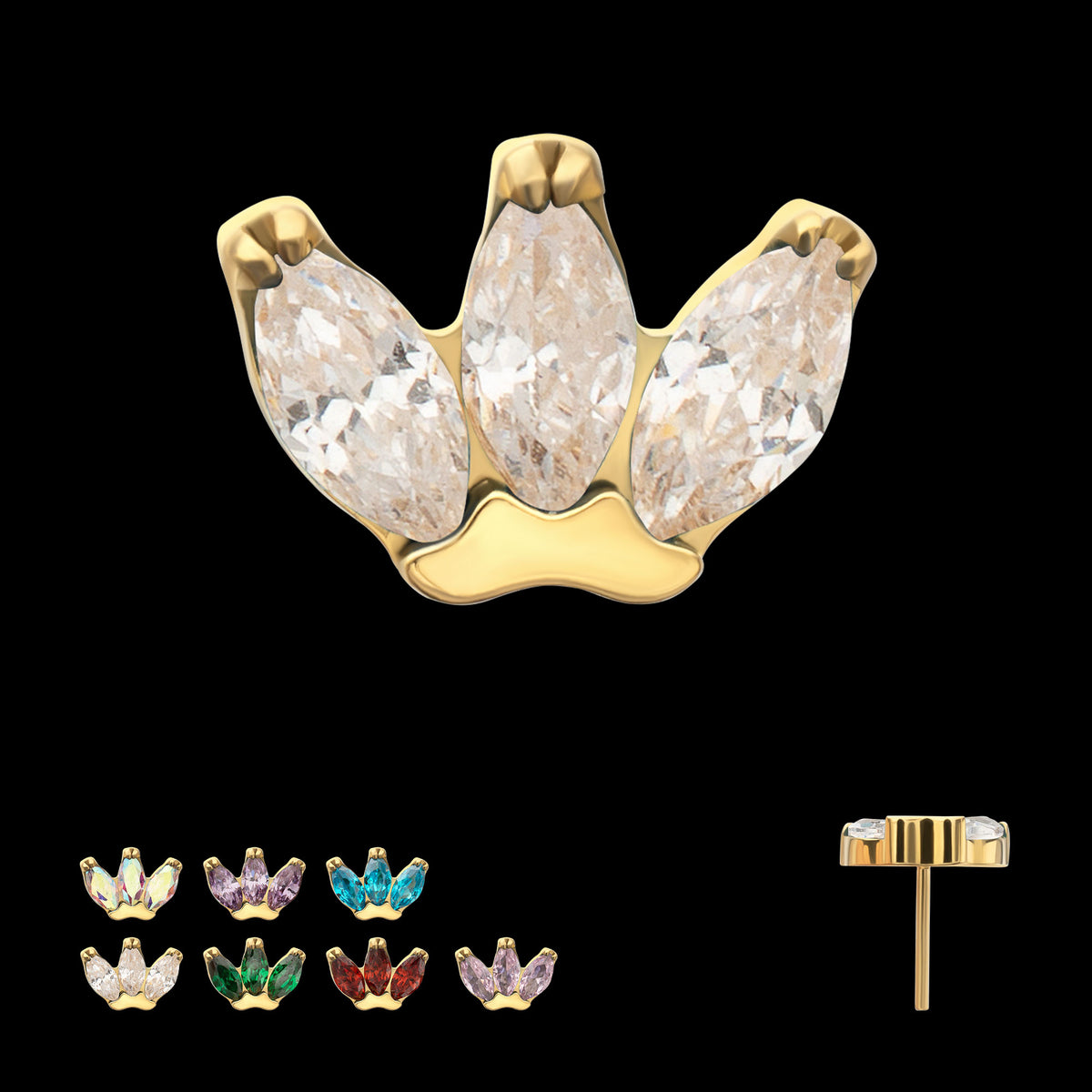 3-Marquise Gem Fan Cluster Threadless Earring / Nosering Top – Gem & 24Kt Gold PVD Titanium