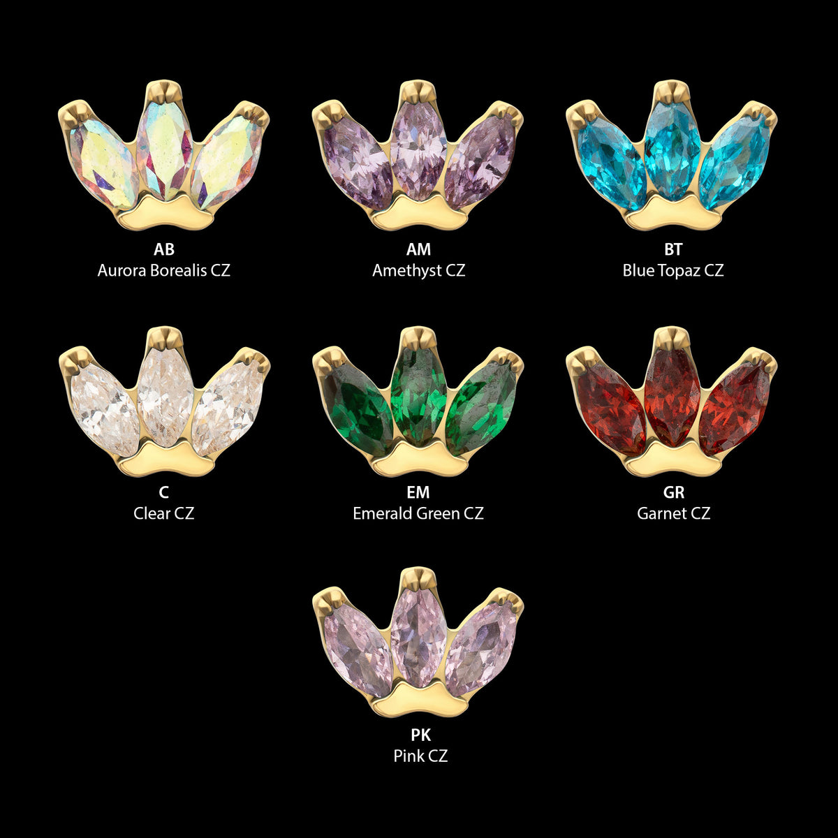 3-Marquise Gem Fan Cluster Threadless Earring / Nosering Top – Gem & 24Kt Gold PVD Titanium