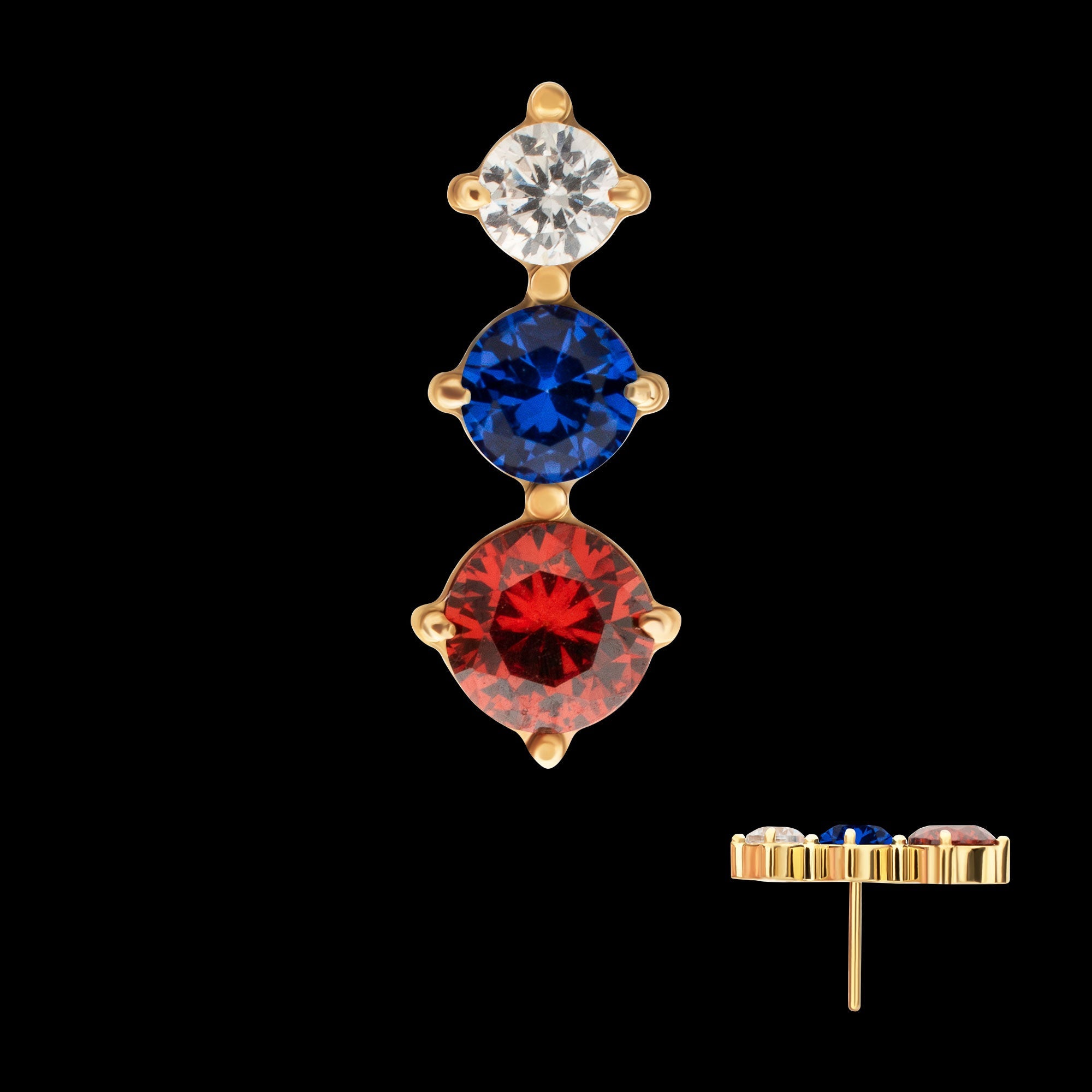Triple Cluster Prong-Set Gem Threadless Earring / Nosering – 24Kt Gold PVD Titanium