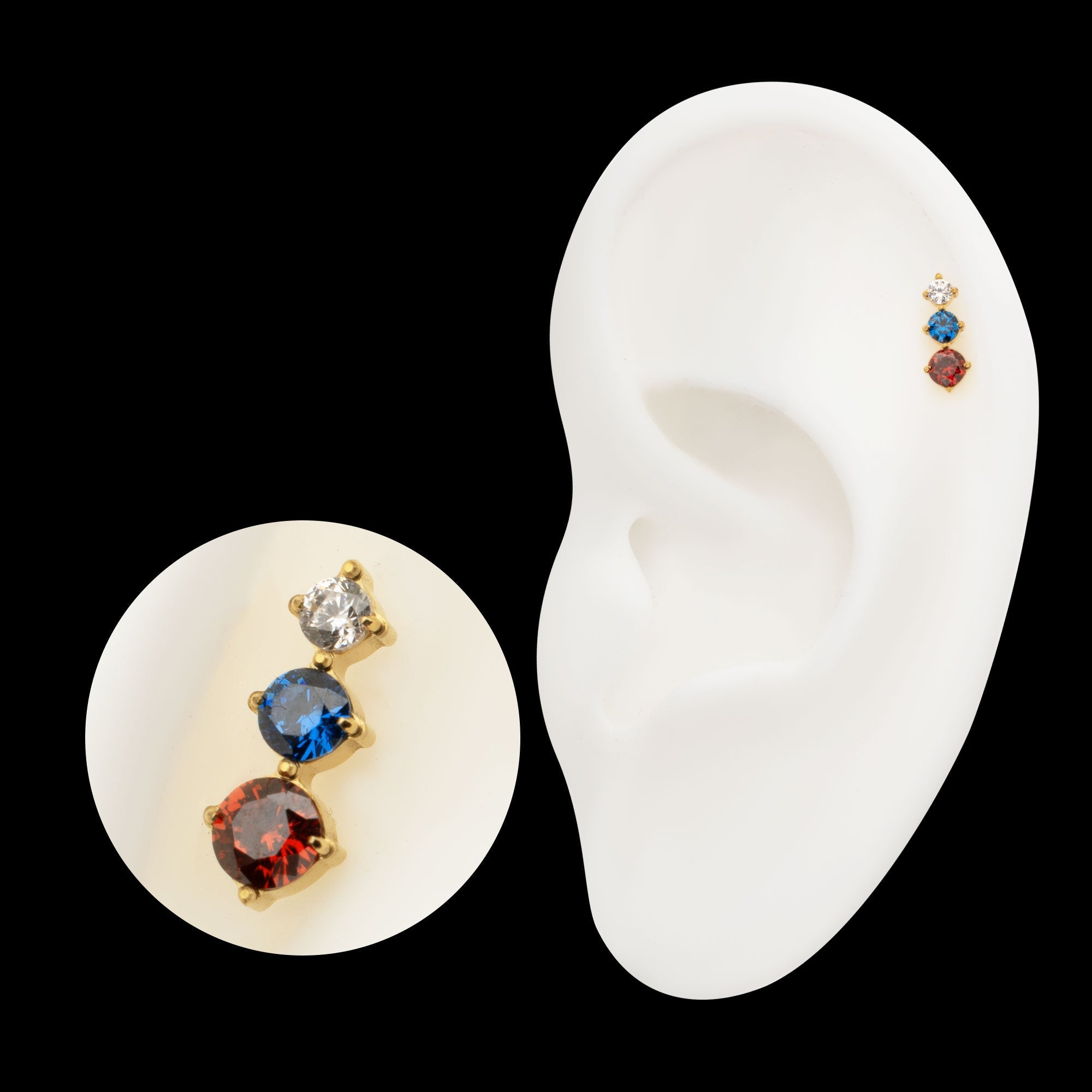 Triple Cluster Prong-Set Gem Threadless Earring / Nosering – 24Kt Gold PVD Titanium