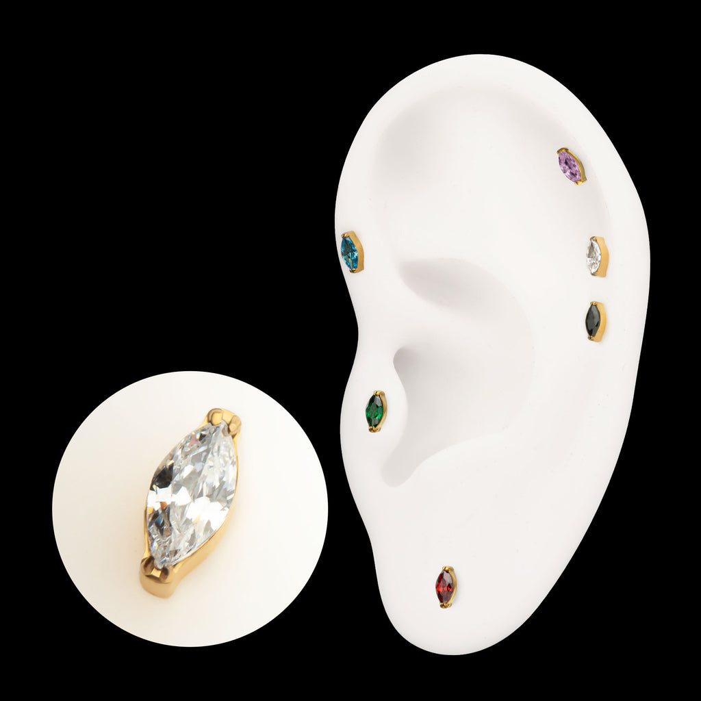 V-Prong Marquise CZ Gem Flatback Stud Earring / Nosering - CZ in 24Kt Gold PVD Titanium