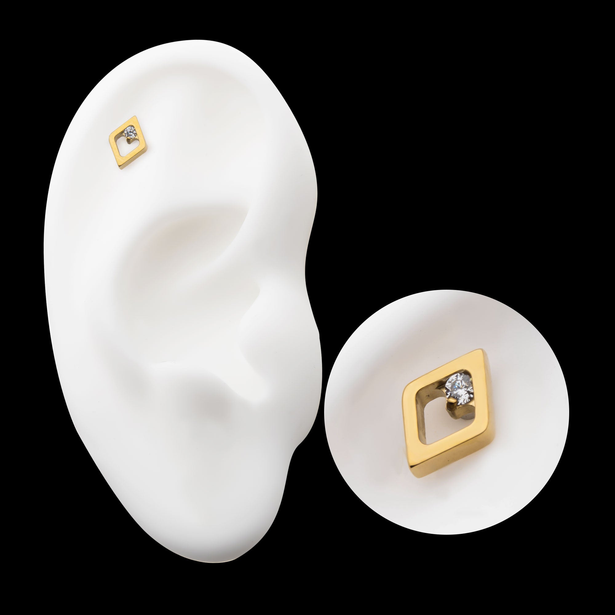 Rhombus Shape with Clear CZ Flatback Stud Earring / Nosering - Clear CZ in 24Kt Gold PVD Titanium