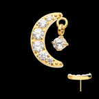 Crescent Moon CZ with Dangle Pronged Round CZ Flatback Stud Earring / Nosering - CZ in 24Kt Gold PVD Titanium