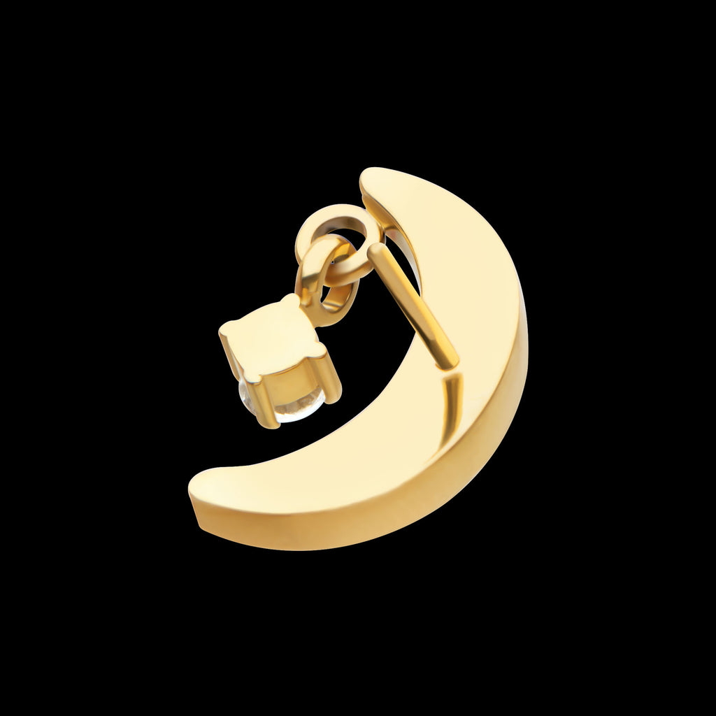 Crescent Moon CZ with Dangle Pronged Round CZ Flatback Stud Earring / Nosering - CZ in 24Kt Gold PVD Titanium