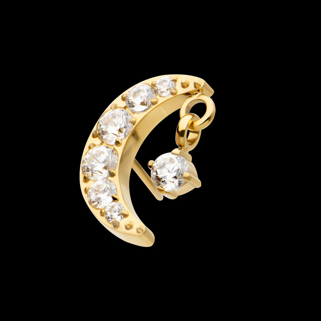 Crescent Moon CZ with Dangle Pronged Round CZ Flatback Stud Earring / Nosering - CZ in 24Kt Gold PVD Titanium
