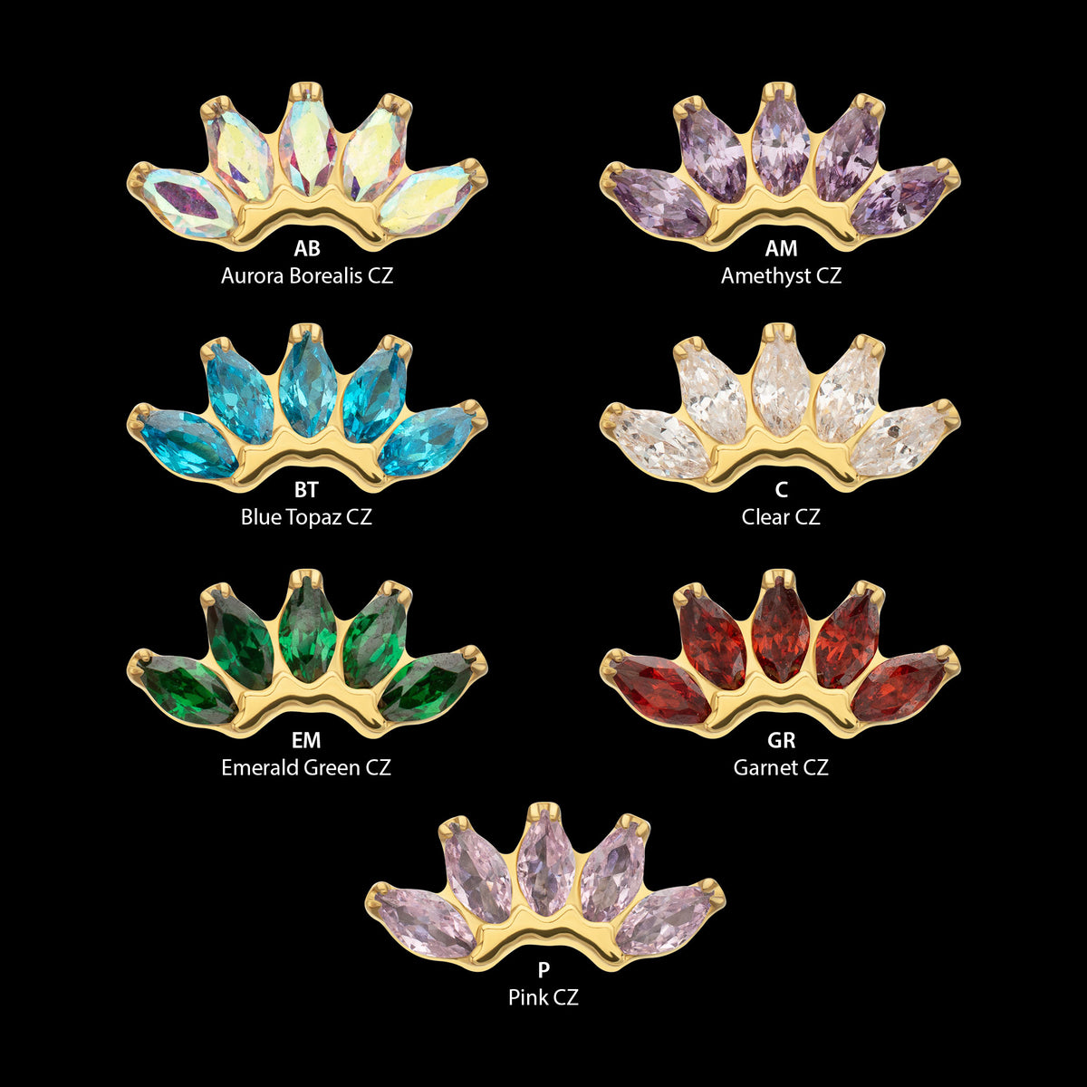 5-Marquise Gem Fan Cluster Threadless Earring / Nosering Top – Gem & 24Kt Gold PVD Titanium