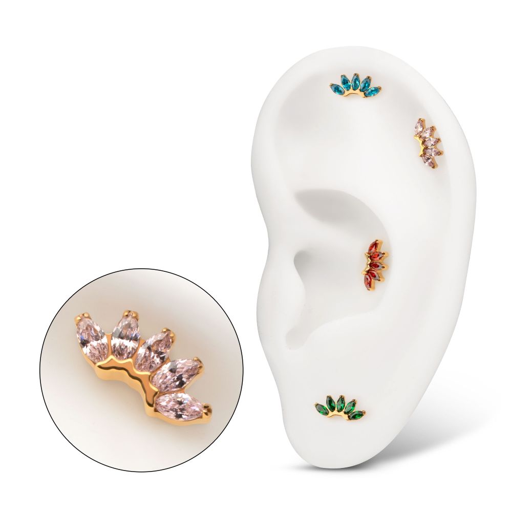 5-Marquise Gem Fan Cluster Threadless Earring / Nosering Top – Gem & 24Kt Gold PVD Titanium