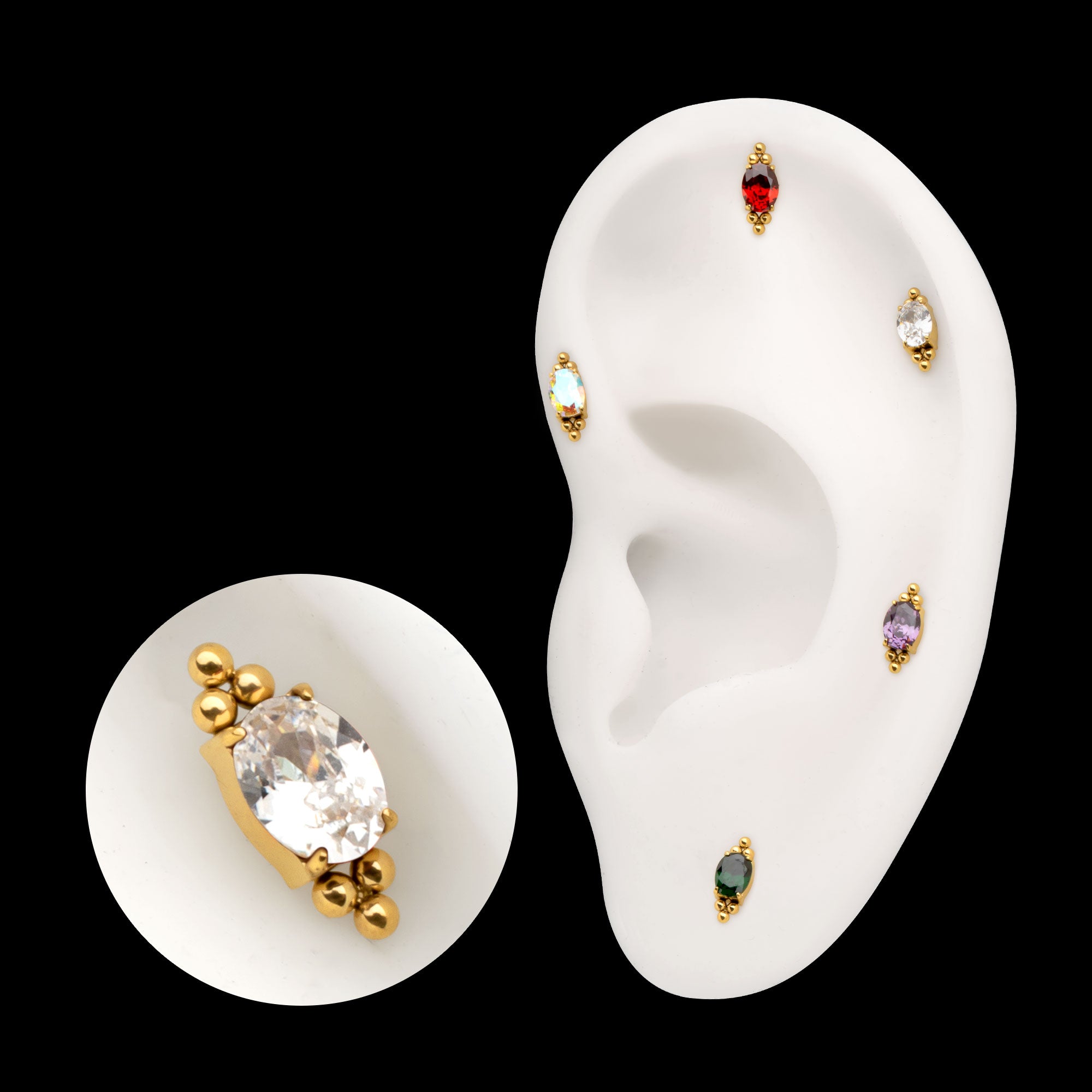 Nova Oval Prong Set Gem Flatback Stud Earring / Nosering - Gem in 24Kt Gold PVD Titanium