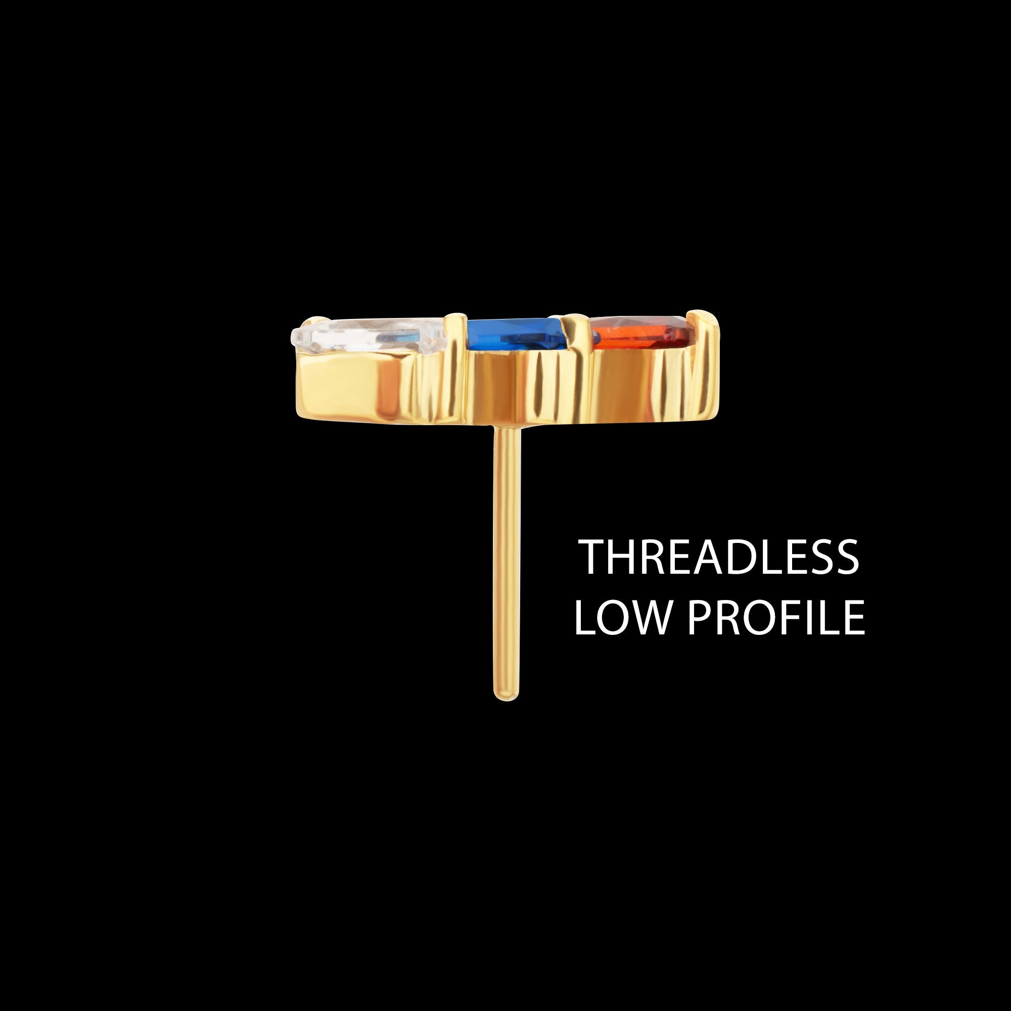 Prong-Set Baguette CZ Diagonal 3-Cluster Threadless Earring / Nosering – 24Kt Gold PVD Titanium