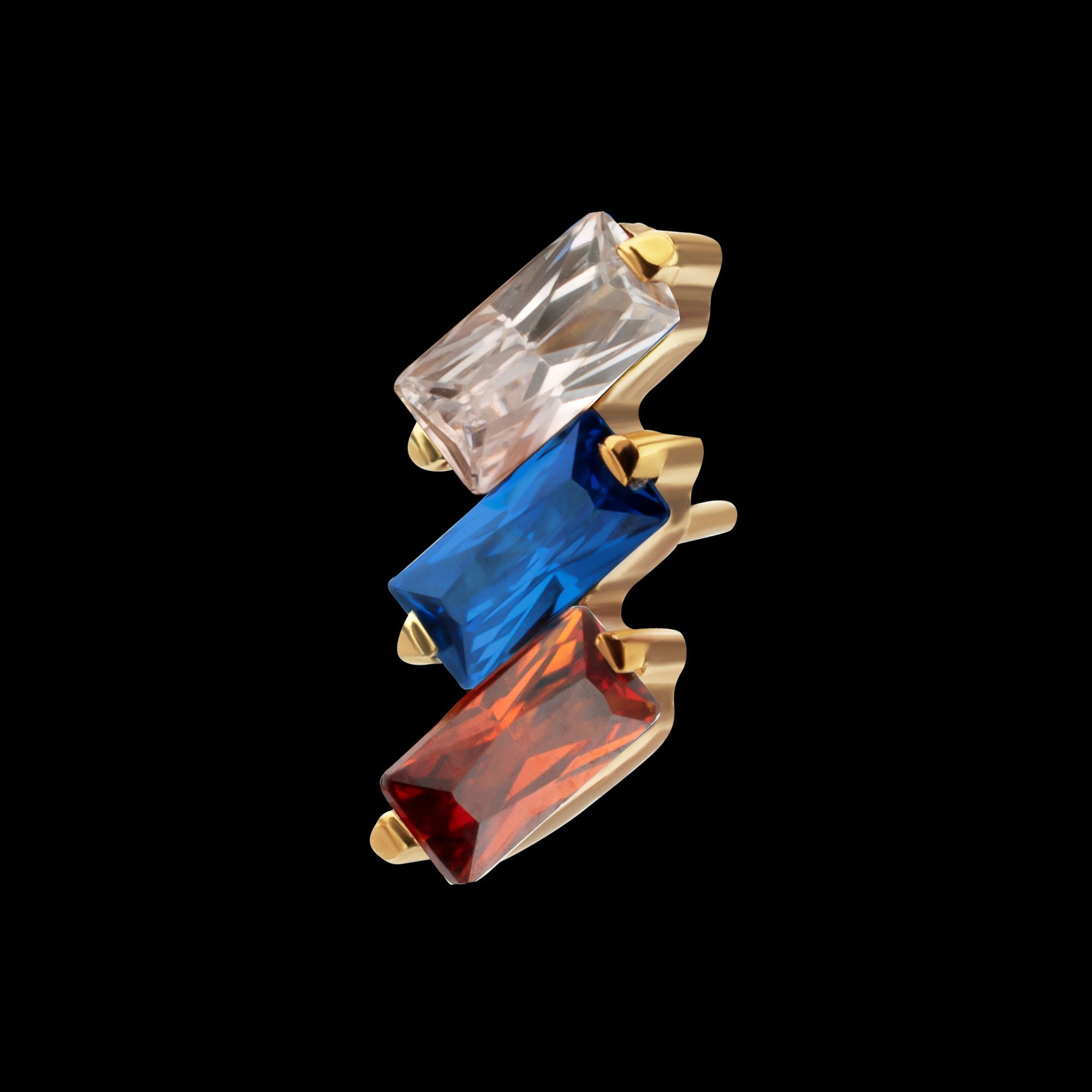 Prong-Set Baguette CZ Diagonal 3-Cluster Threadless Earring / Nosering – 24Kt Gold PVD Titanium