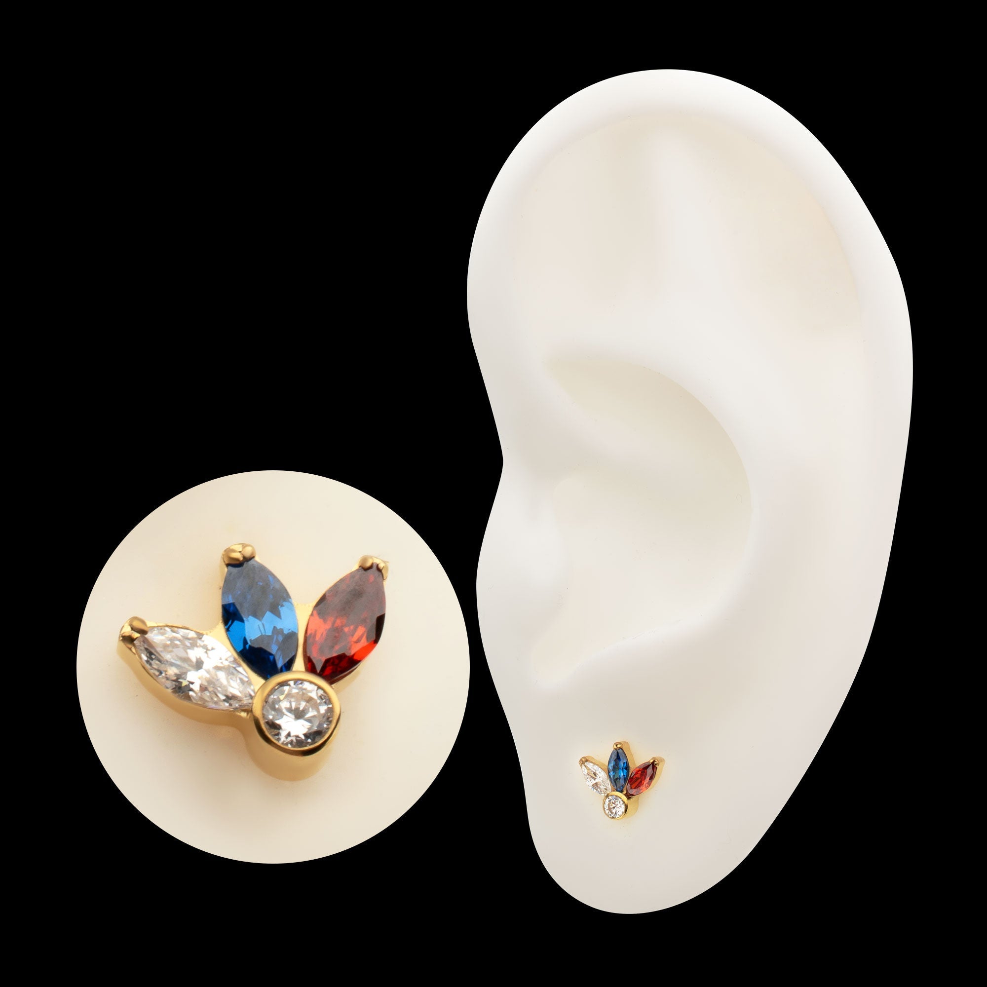 3-Cluster Marquise Gem Fan with Bezel Round Gem Threadless Earring / Nosering – 24Kt Gold PVD Titanium