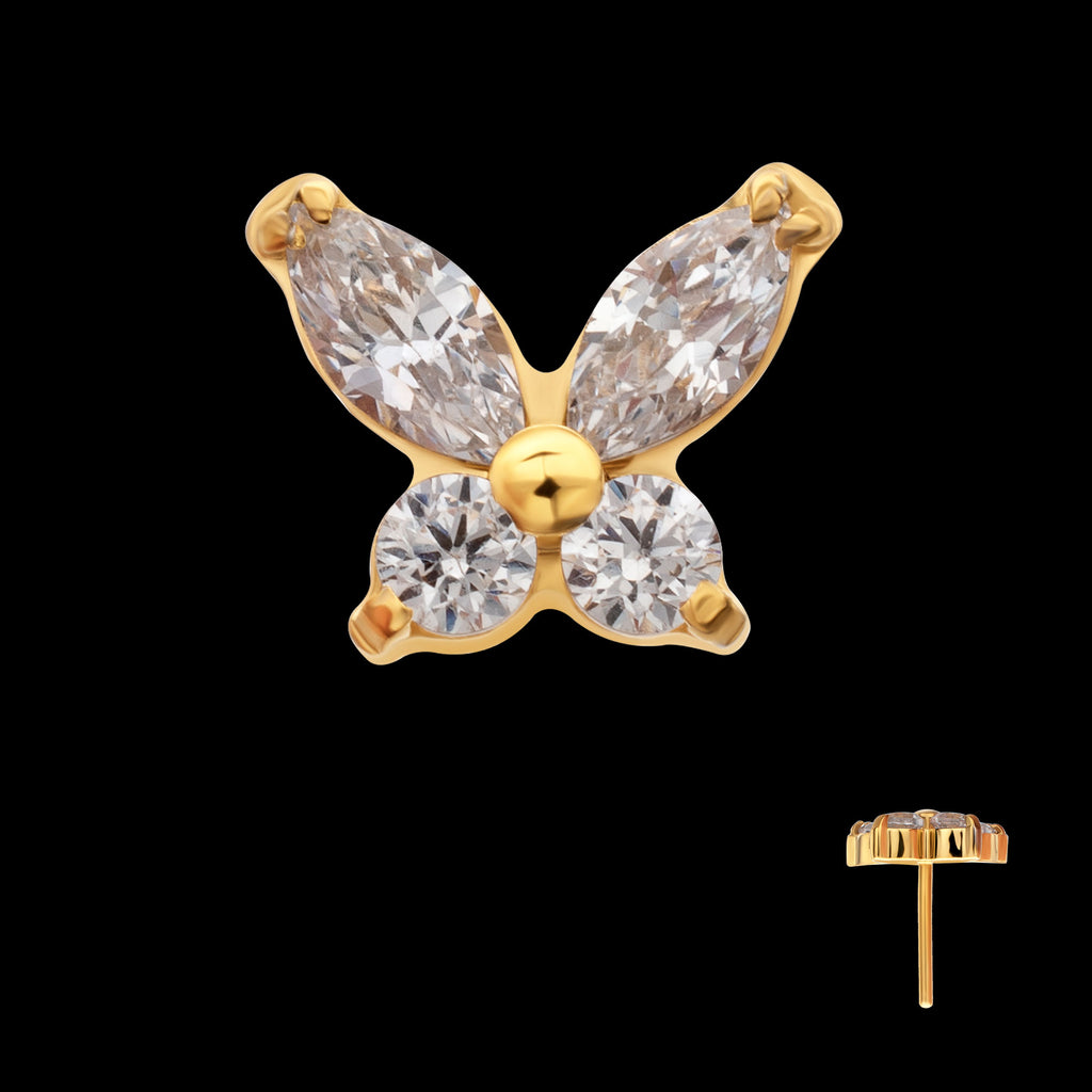 Small Butterfly with V-Prong Round & Marquise CZ Gem Flatback Stud Earring / Nosering - CZ in 24Kt Gold PVD Titanium