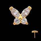 Small Butterfly with V-Prong Round & Marquise CZ Gem Flatback Stud Earring / Nosering - CZ in 24Kt Gold PVD Titanium
