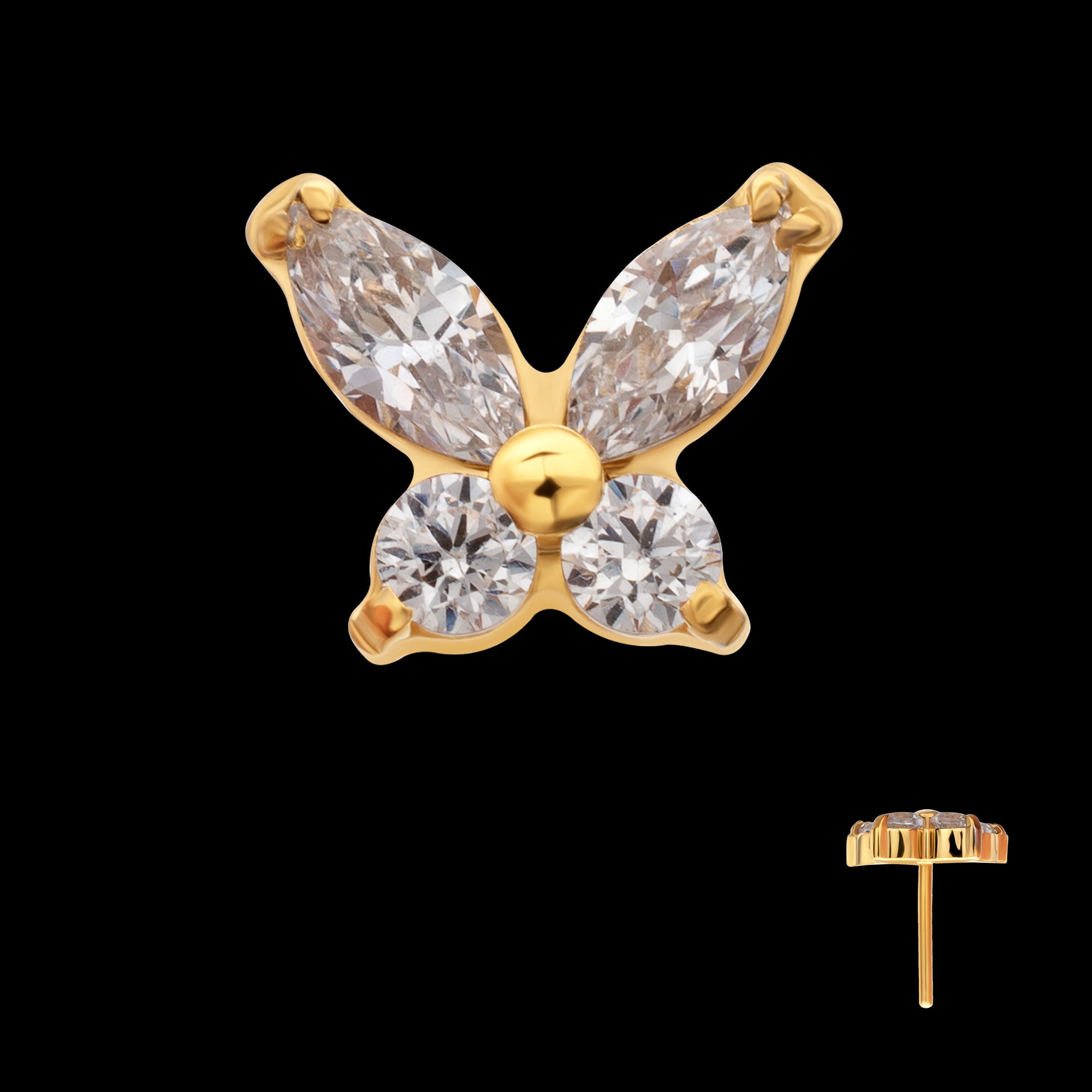 Small Butterfly with V-Prong Round & Marquise CZ Gem Flatback Stud Earring / Nosering - CZ in 24Kt Gold PVD Titanium