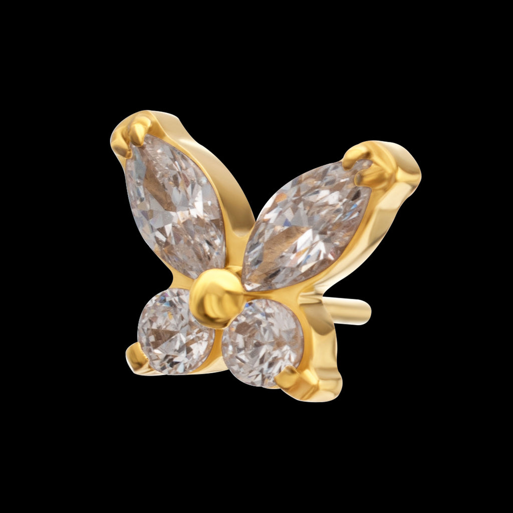 Small Butterfly with V-Prong Round & Marquise CZ Gem Flatback Stud Earring / Nosering - CZ in 24Kt Gold PVD Titanium
