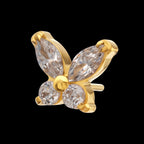 Small Butterfly with V-Prong Round & Marquise CZ Gem Flatback Stud Earring / Nosering - CZ in 24Kt Gold PVD Titanium