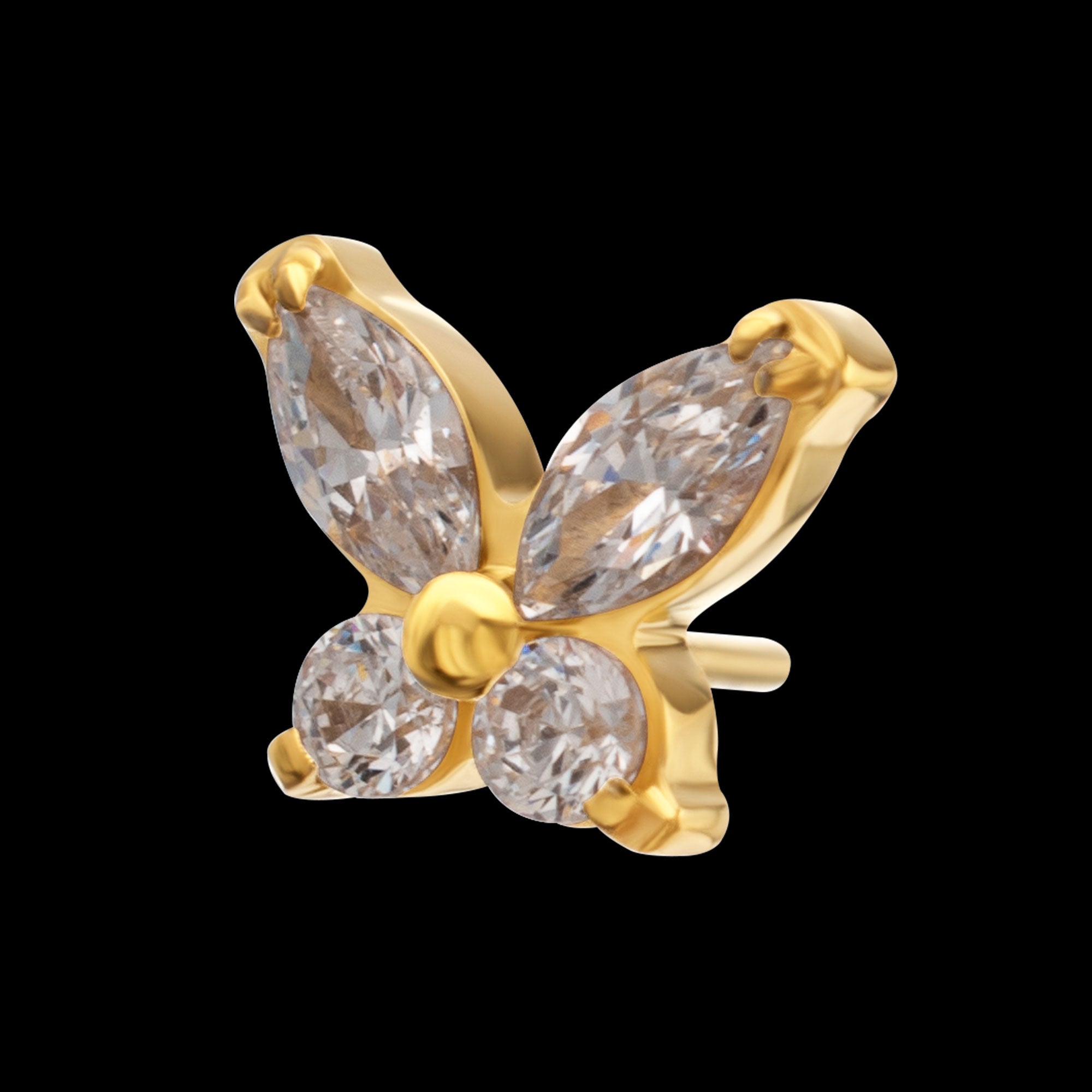Small Butterfly with V-Prong Round & Marquise CZ Gem Flatback Stud Earring / Nosering - CZ in 24Kt Gold PVD Titanium