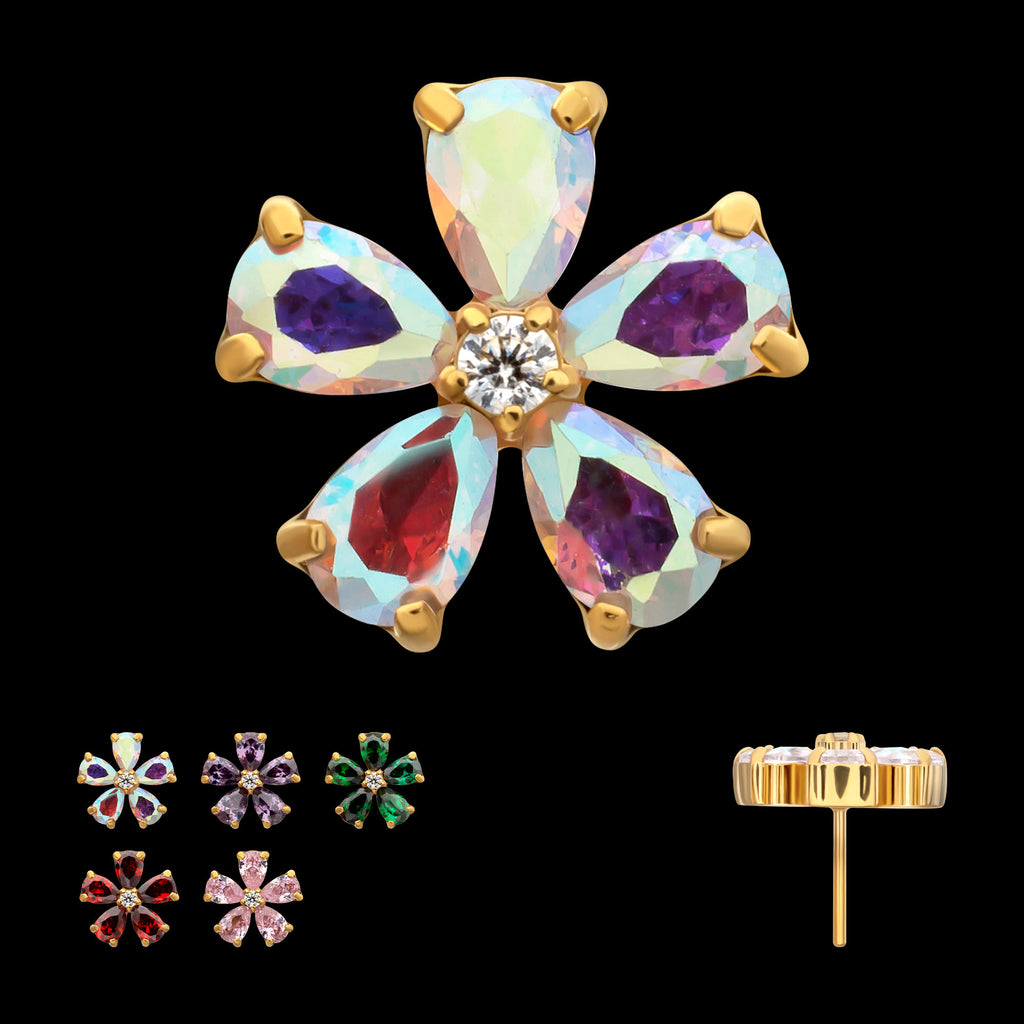 Radiant Bloom Flower Prong Set Gem Flatback Stud Earring / Nosering - Gem in 24Kt Gold PVD Titanium
