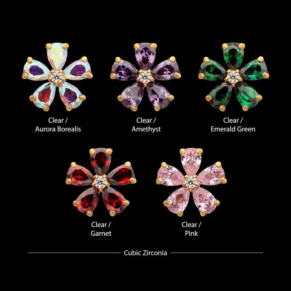 Radiant Bloom Flower Prong Set Gem Flatback Stud Earring / Nosering - Gem in 24Kt Gold PVD Titanium