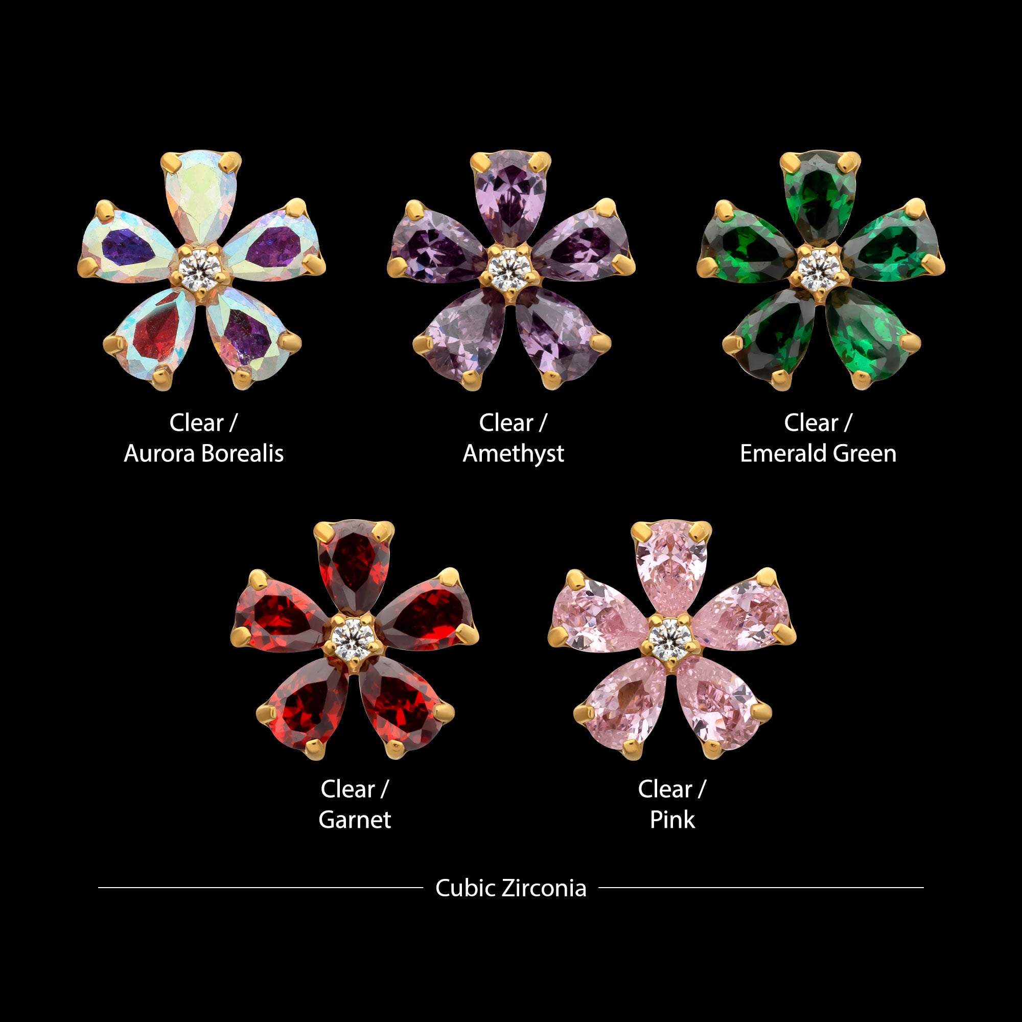 Radiant Bloom Flower Prong Set Gem Flatback Stud Earring / Nosering - Gem in 24Kt Gold PVD Titanium