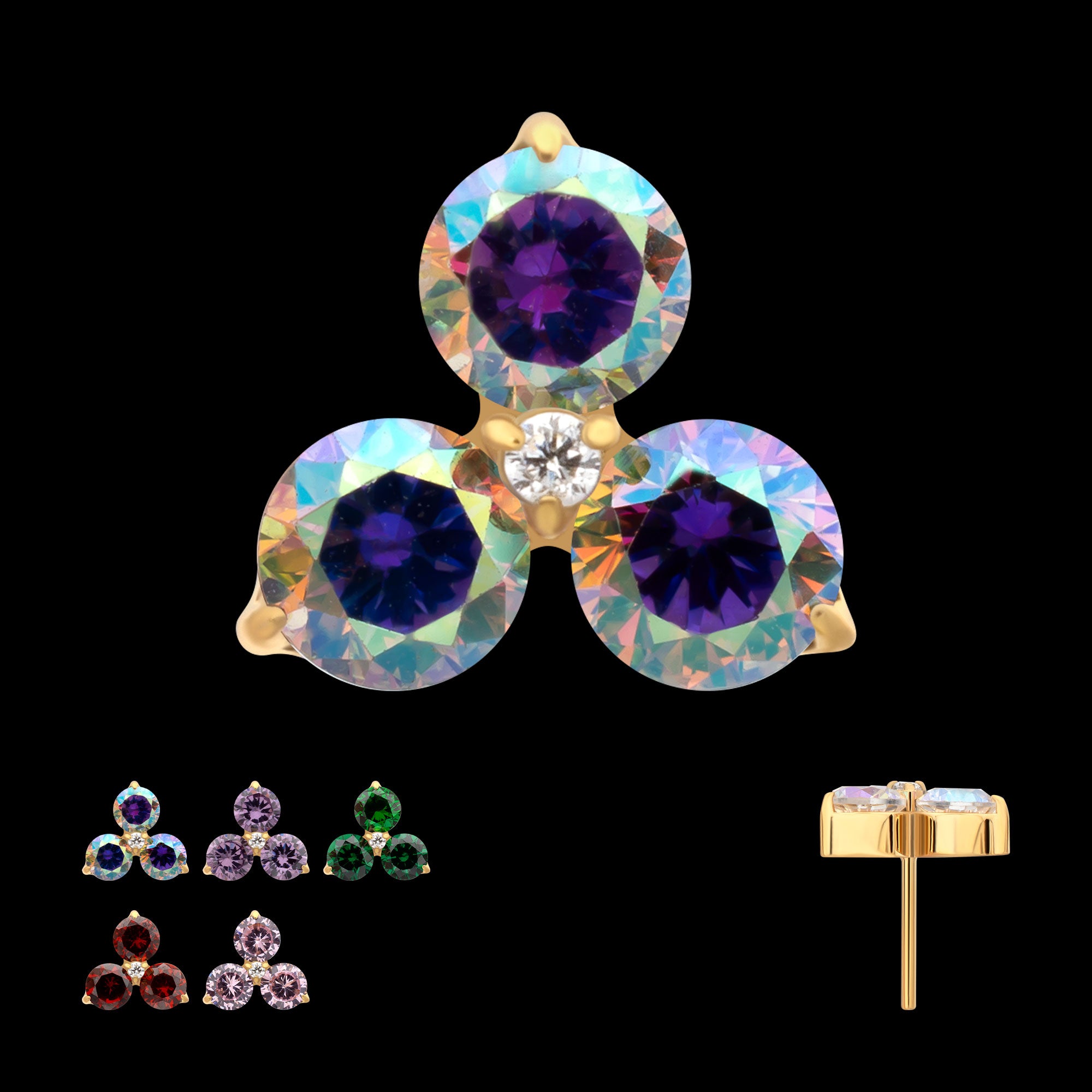 Trinity Prong Set Gem Flatback Stud Earring / Nosering - Gem in 24Kt Gold PVD Titanium