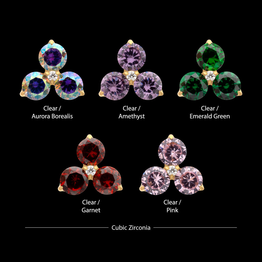 Trinity Prong Set Gem Flatback Stud Earring / Nosering - Gem in 24Kt Gold PVD Titanium