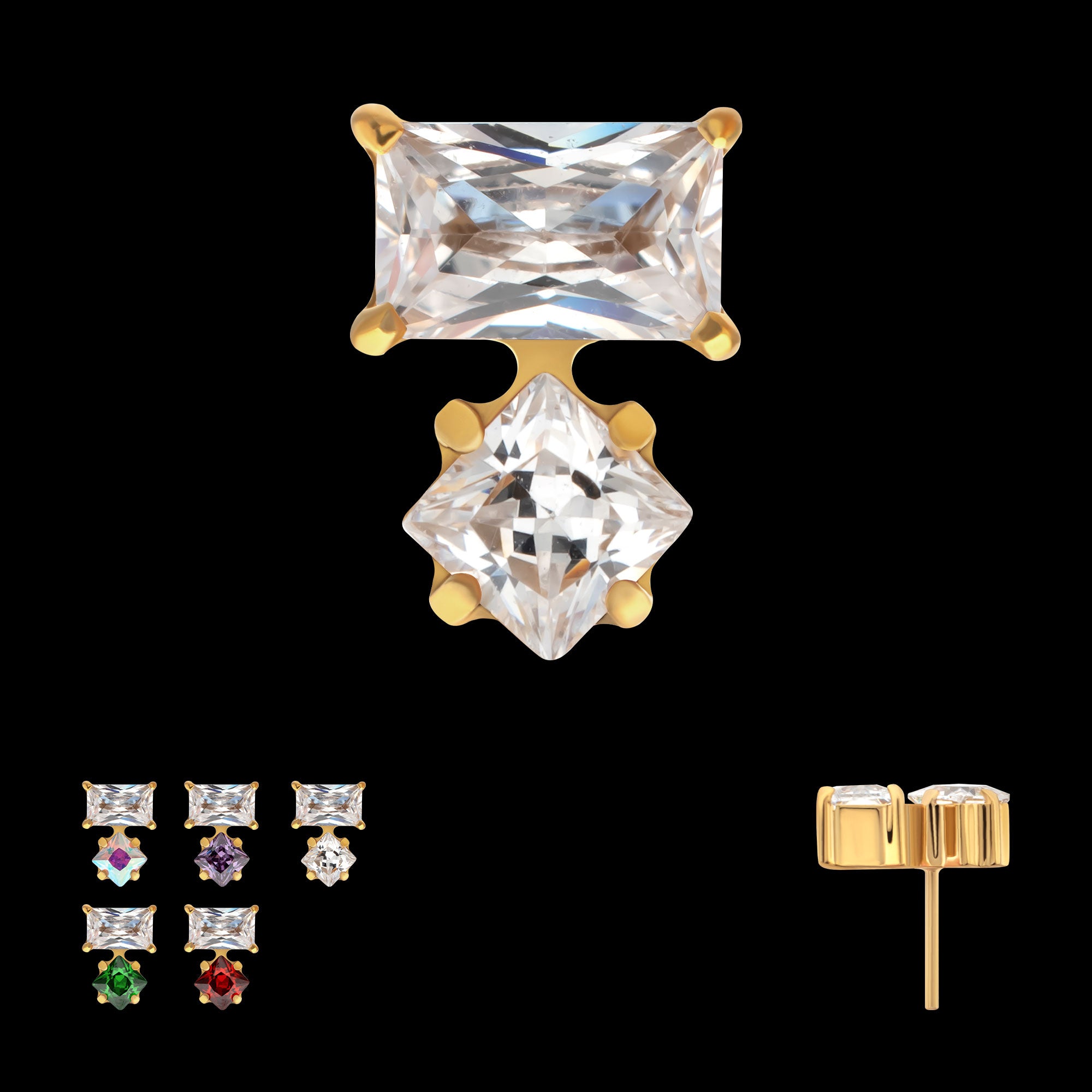 Baguette Duo Prong Set Gem Flatback Stud Earring / Nosering - Gem in 24Kt Gold PVD