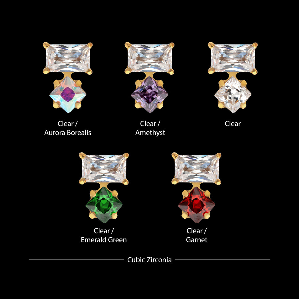 Baguette Duo Prong Set Gem Flatback Stud Earring / Nosering - Gem in 24Kt Gold PVD