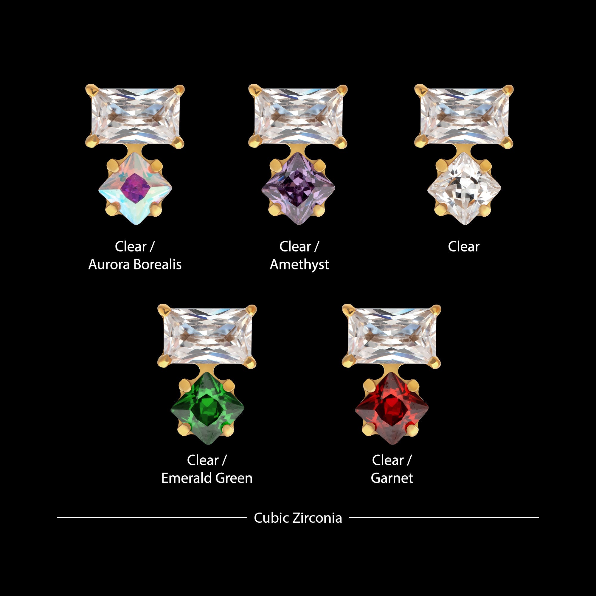 Baguette Duo Prong Set Gem Flatback Stud Earring / Nosering - Gem in 24Kt Gold PVD