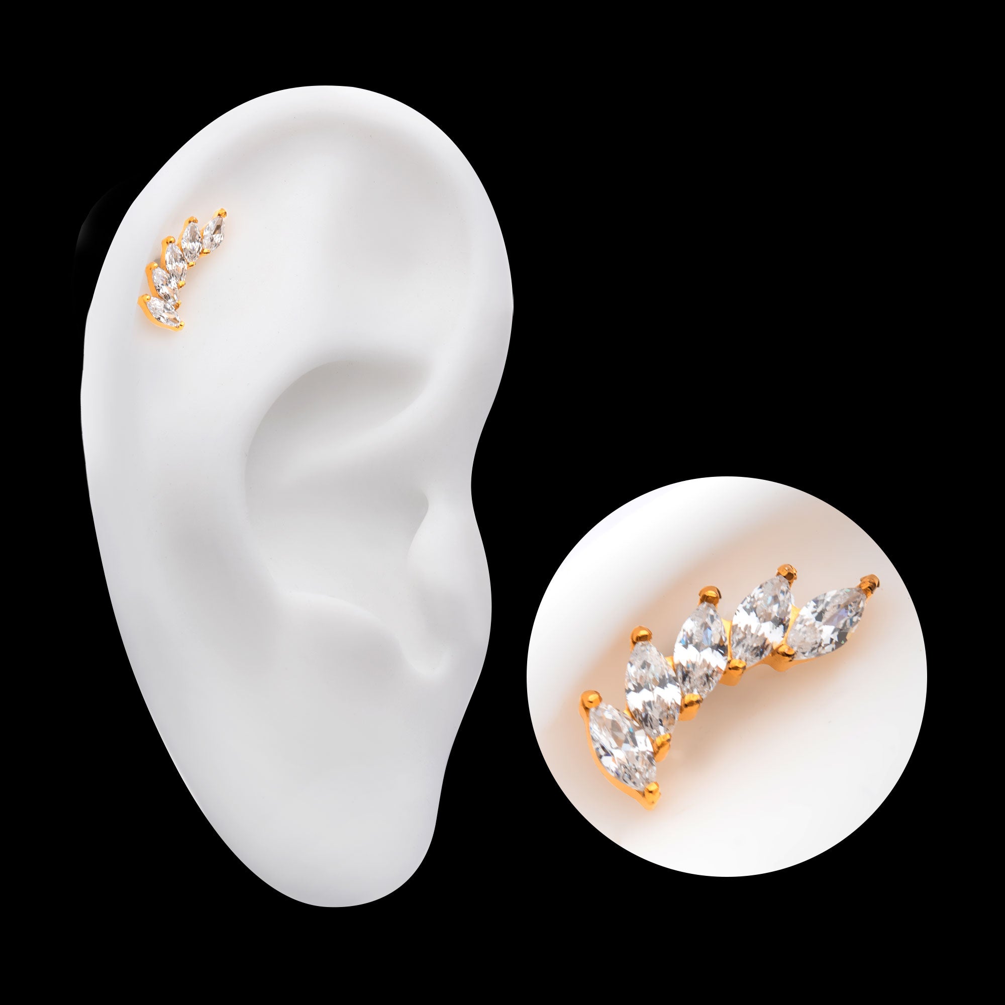 5 Marquise Staggered Cluster Prong Gem Flatback Stud Earring / Nosering - Gem in 24Kt Gold PVD Titanium