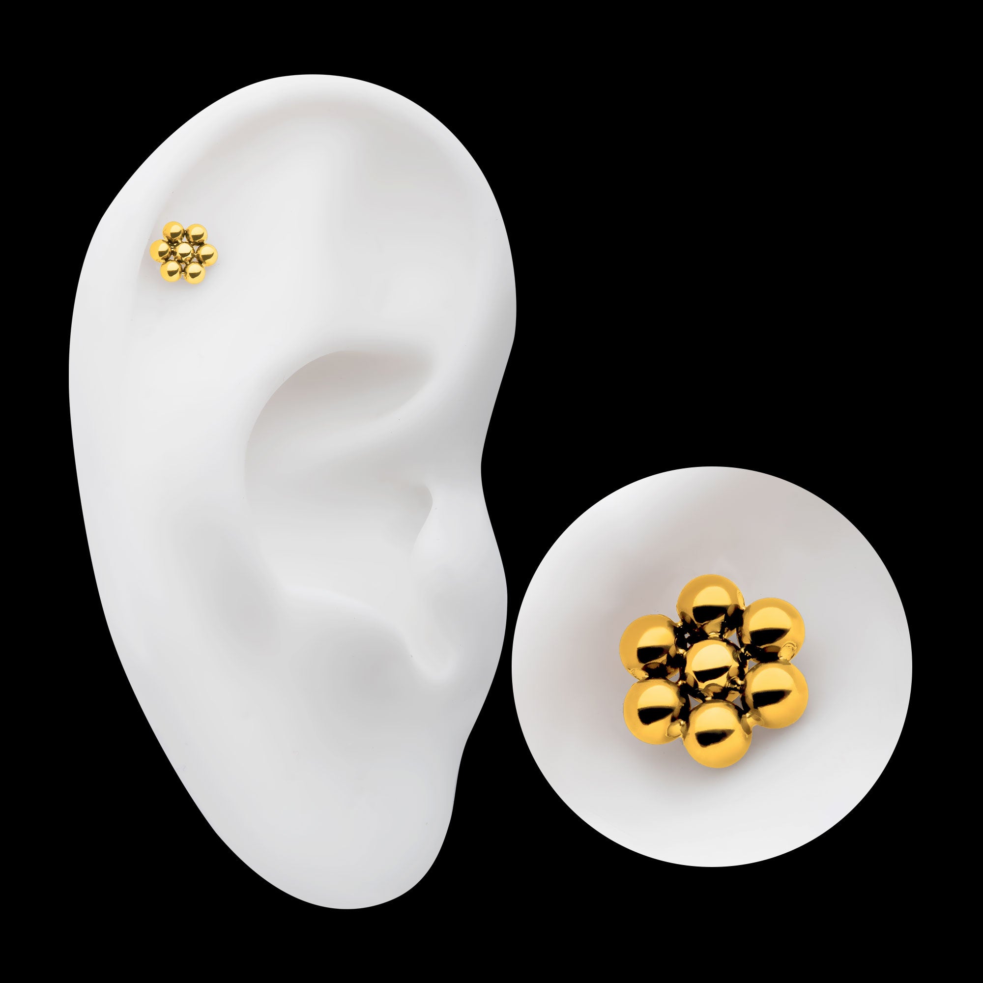 7 Beads Hexagon Shape Flatback Stud Earring / Nosering - 24Kt Gold PVD Titanium