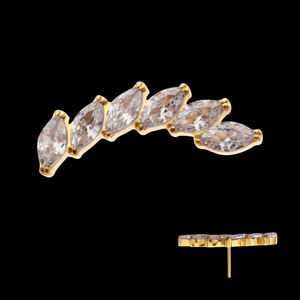 6-Cluster Staggered V-Prong Marquise CZ Gem Flatback Stud Earring / Nosering - CZ in 24Kt Gold PVD Titanium