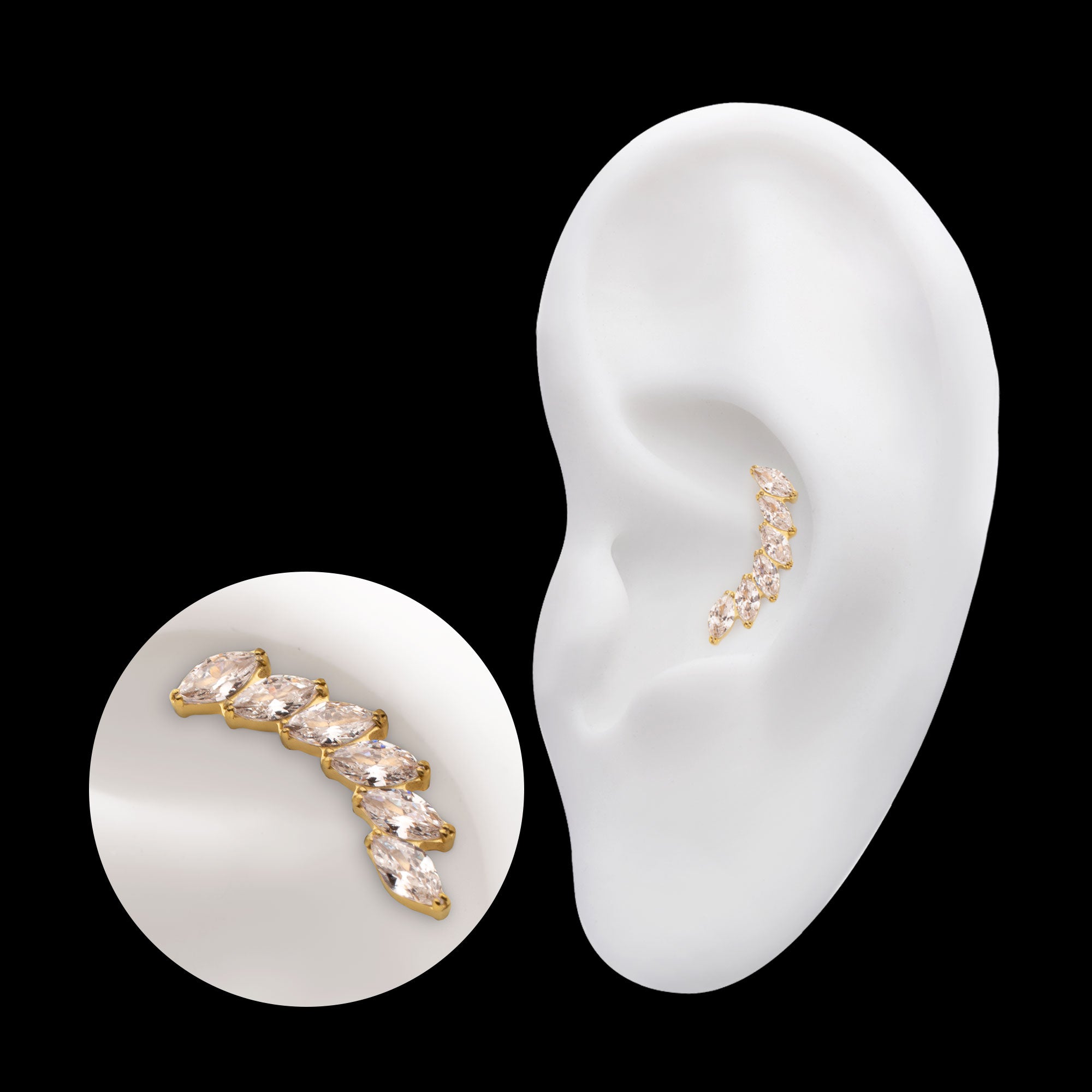 6-Cluster Staggered V-Prong Marquise CZ Gem Flatback Stud Earring / Nosering - CZ in 24Kt Gold PVD Titanium