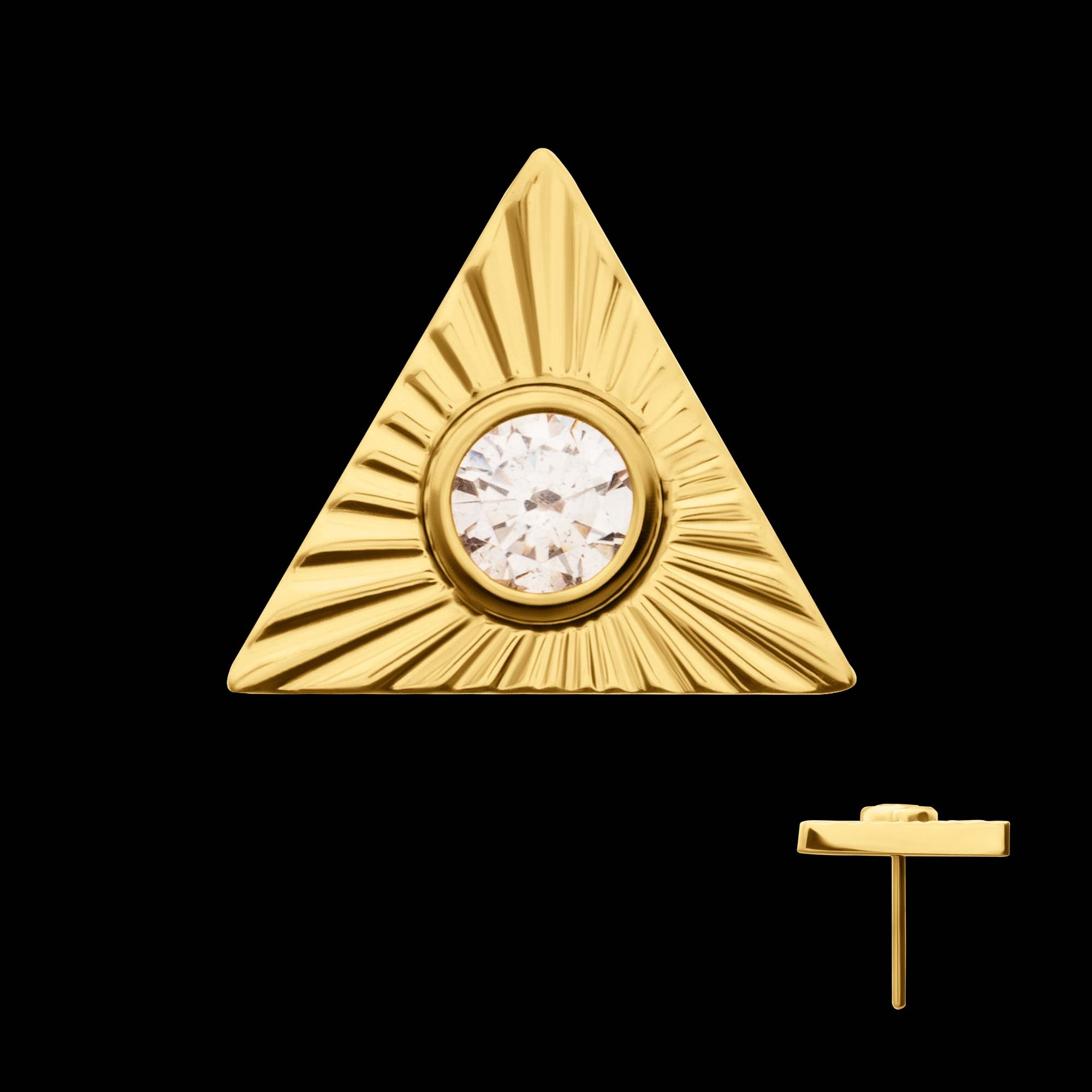Corrugated Triangle with Bezel Gem Flatback Stud Earring / Nosering - Gem in 24Kt Gold PVD Titanium