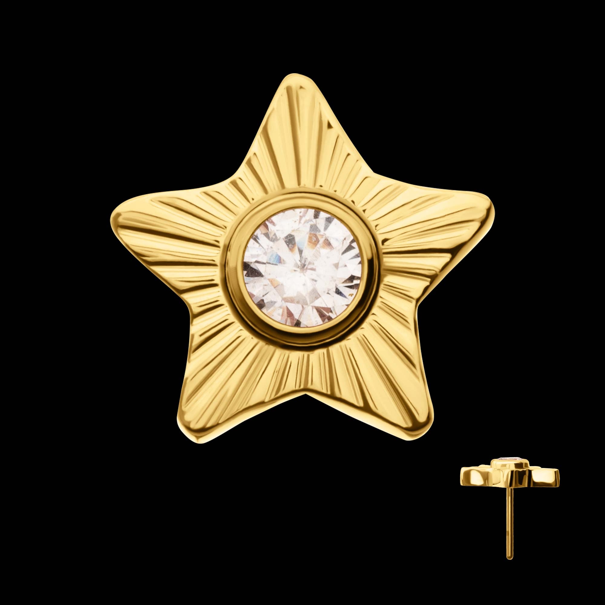 Corrugated Star with Bezel Gem Flatback Stud Earring / Nosering - Gem in 24Kt Gold PVD Titanium