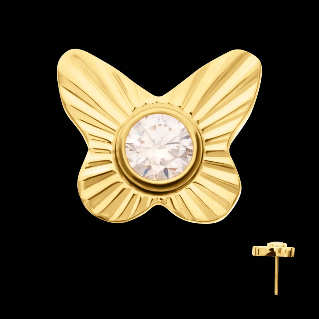 Corrugated Butterfly with Bezel Gem Flatback Stud Earring / Nosering - Gem in 24Kt Gold PVD Titanium