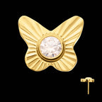 Corrugated Butterfly with Bezel Gem Flatback Stud Earring / Nosering - Gem in 24Kt Gold PVD Titanium
