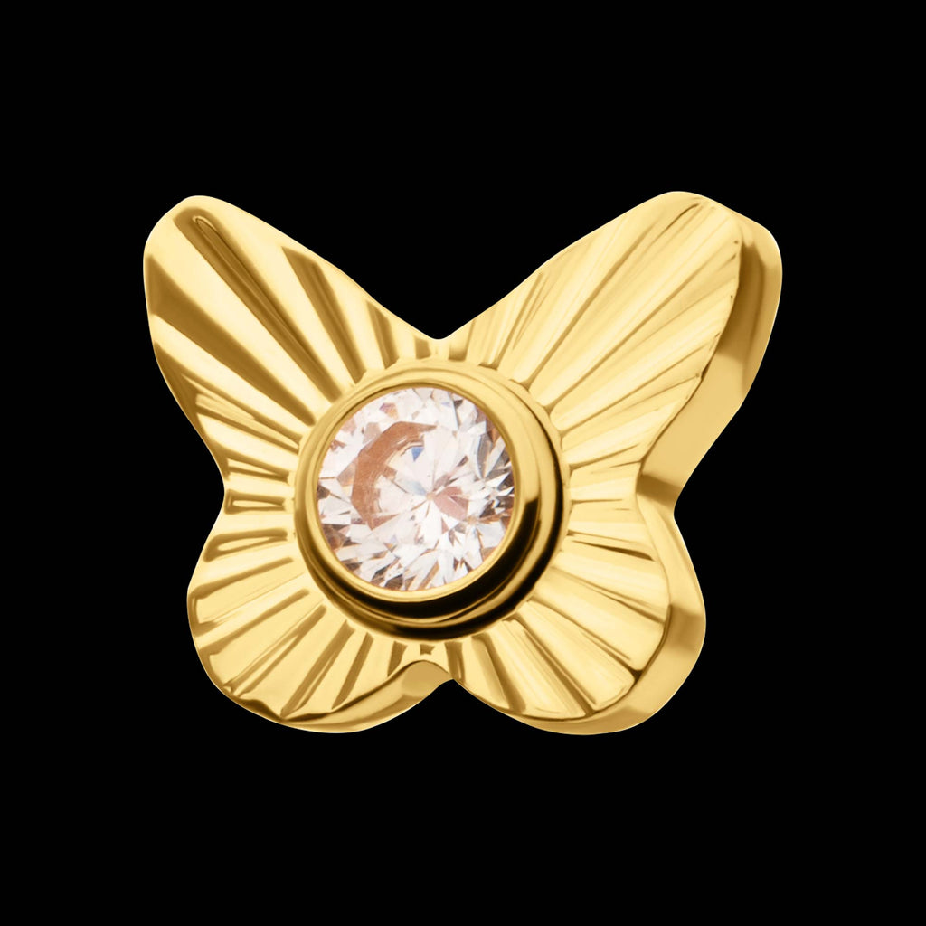 Corrugated Butterfly with Bezel Gem Flatback Stud Earring / Nosering - Gem in 24Kt Gold PVD Titanium