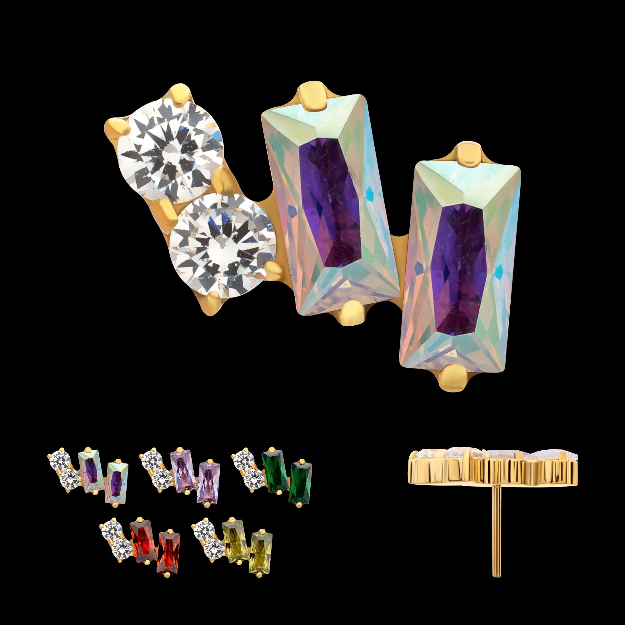 Eclat Cluster Prong Set Gem Flatback Stud Earring / Nosering - Gem in 24Kt Gold PVD Titanium