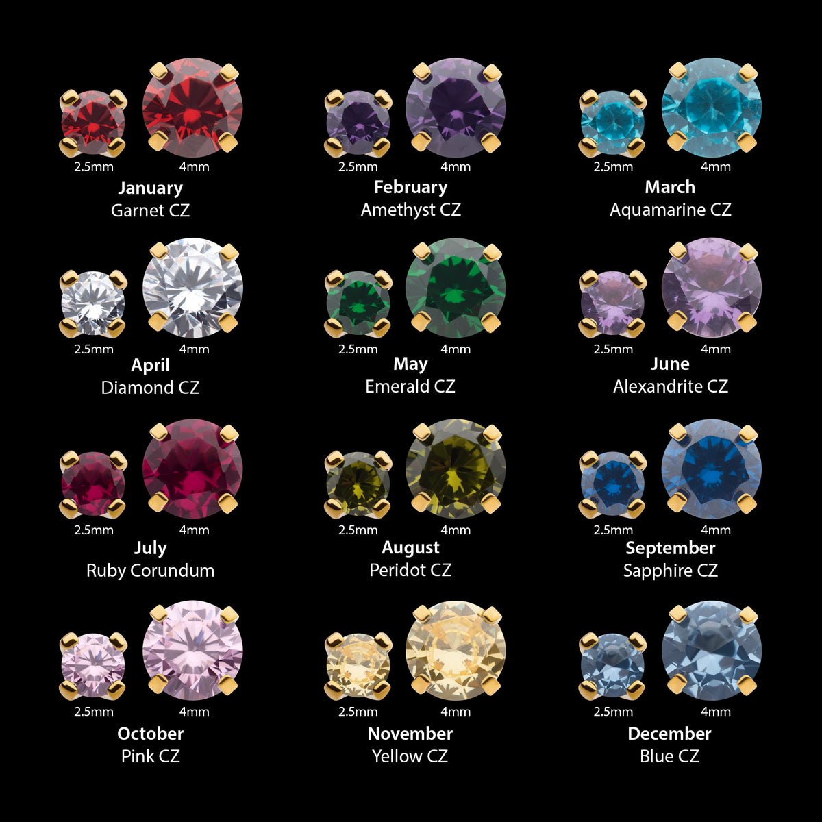 Birthstone Threadless Earring / Nosering Top – Gem & 24Kt Gold PVD Titanium