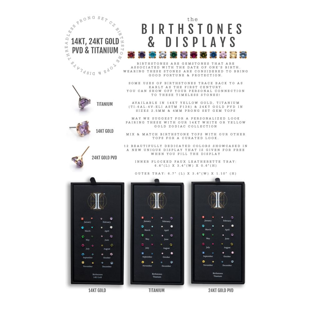 Birthstone Threadless Earring / Nosering Top – Gem & 24Kt Gold PVD Titanium