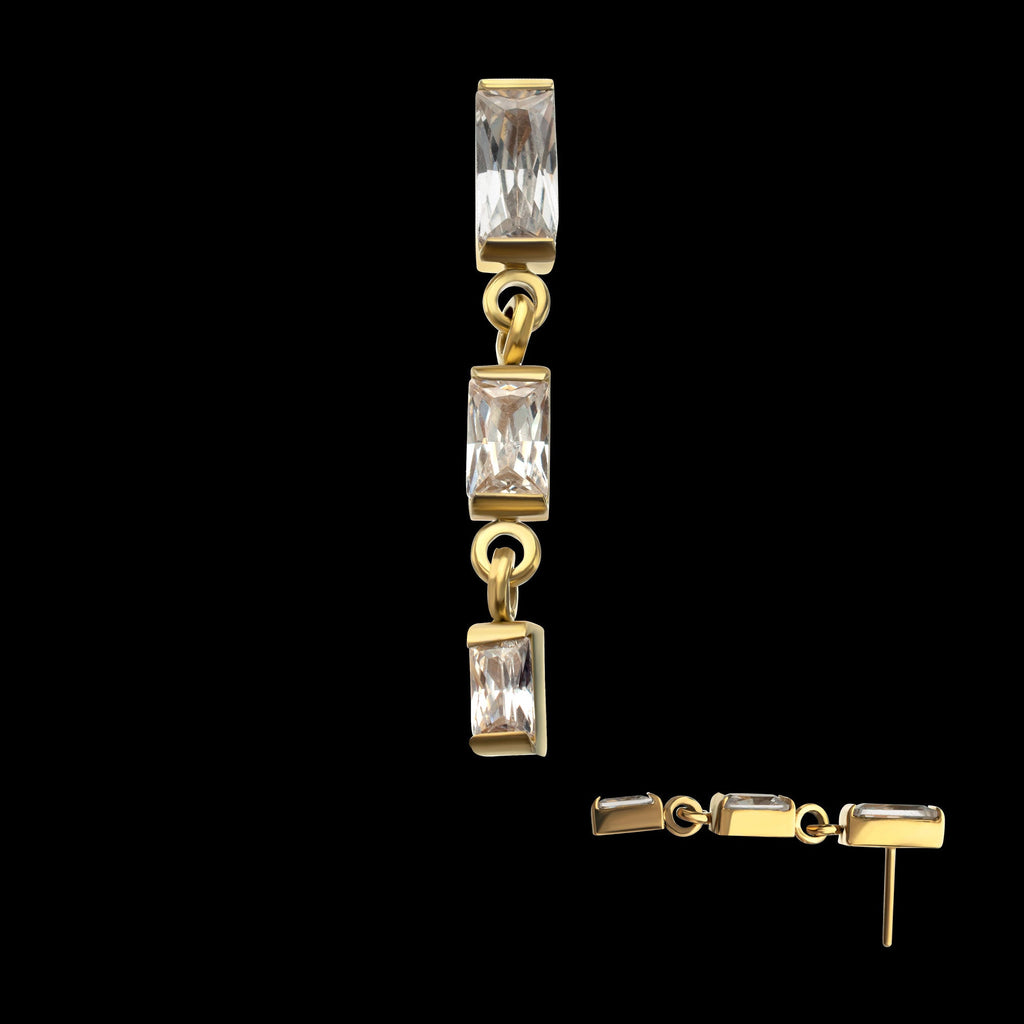 Triple Baguette Gem Dangle Threadless Earring / Nosering – 24Kt Gold PVD Titanium