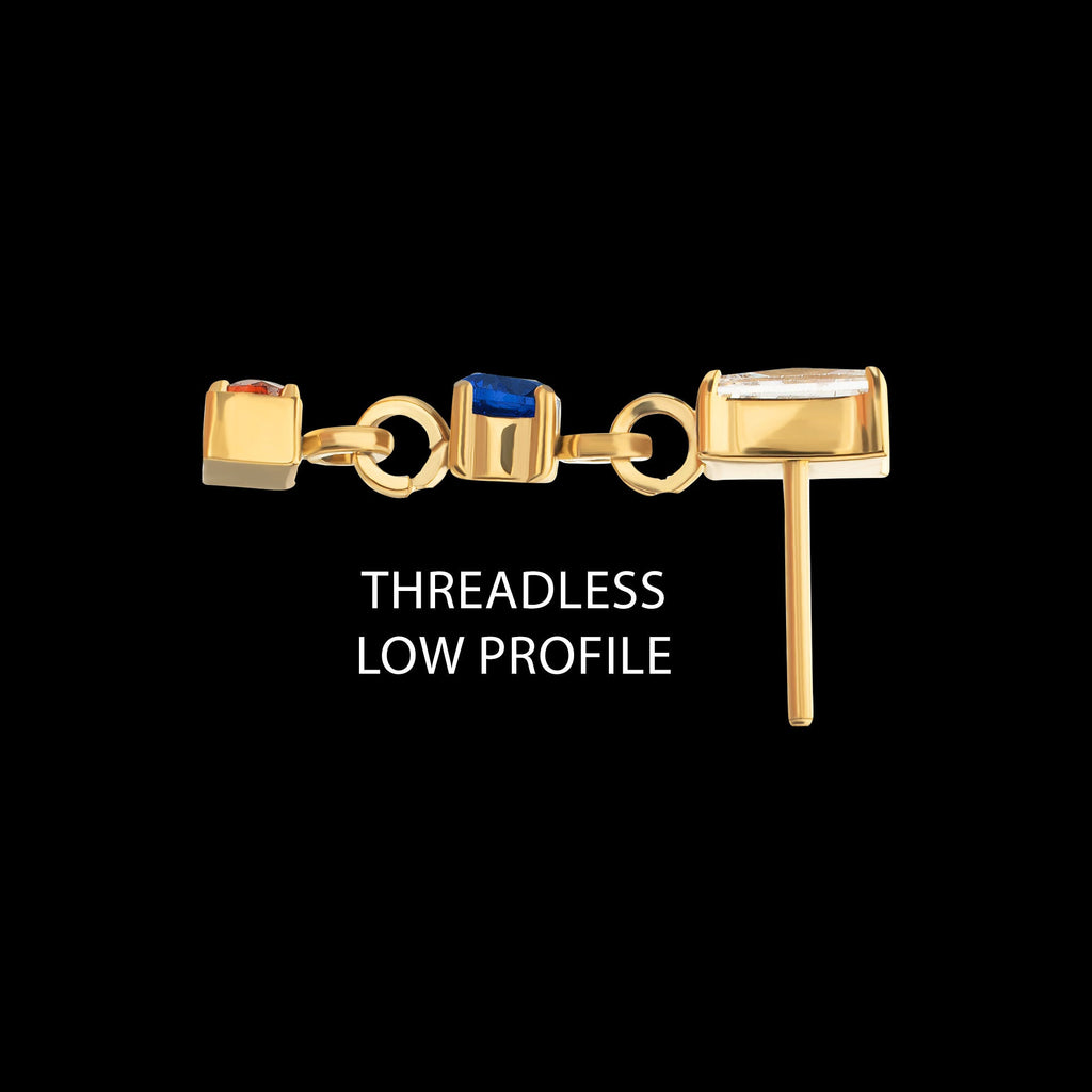 Prong-Set Gem Baguette with Double Gem Dangle Threadless Earring / Nosering – 24Kt Gold PVD Titanium