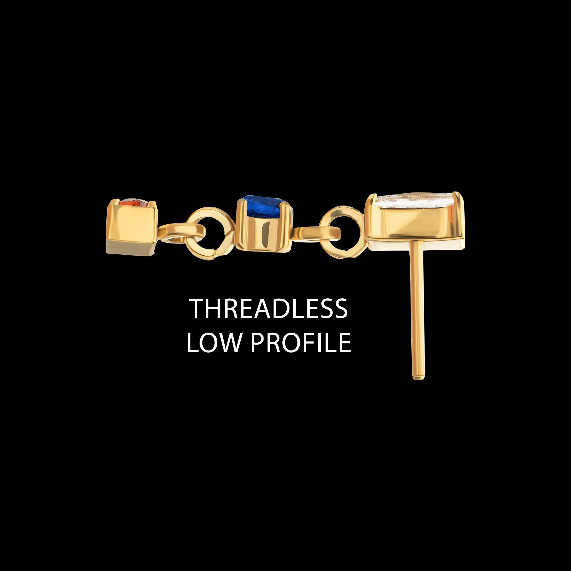 Prong-Set Gem Baguette with Double Gem Dangle Threadless Earring / Nosering – 24Kt Gold PVD Titanium